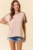 Beige Ribbed Animal Print Colorblock Short Sleeve Top sold by Pinkblush