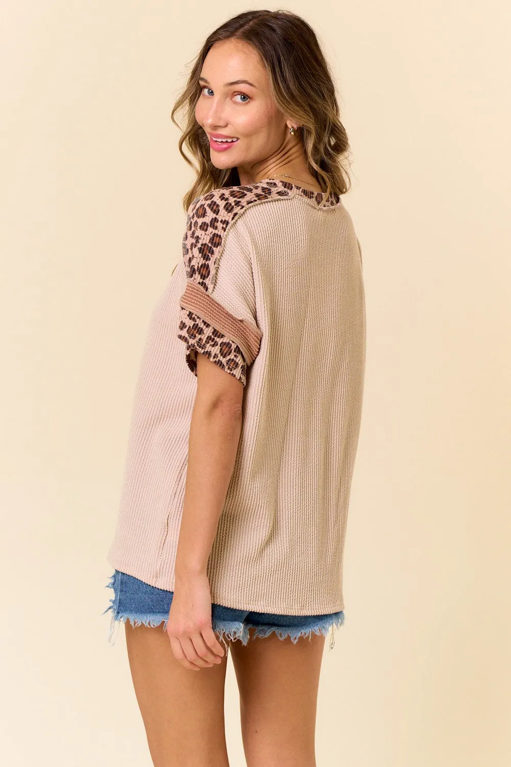 Beige Ribbed Animal Print Colorblock Short Sleeve Top sold by Pinkblush product image thumbnail 3