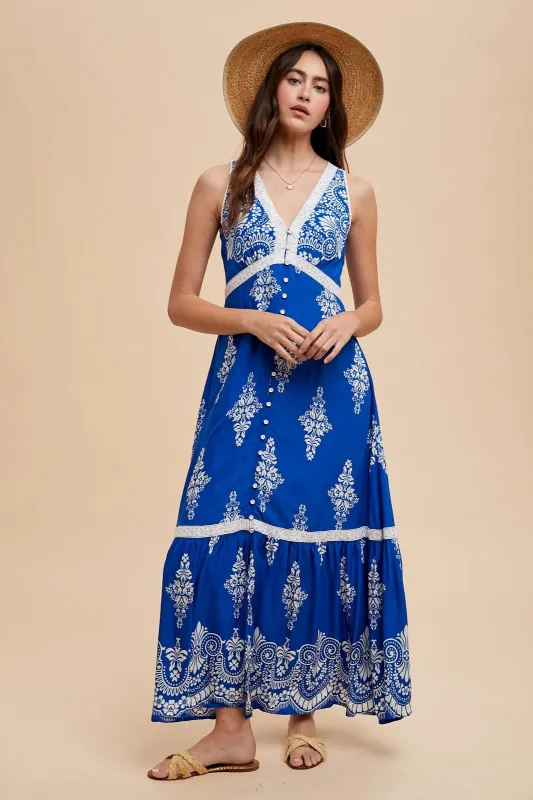 Royal Blue Border Print Resort Maxi Dress sold by Pinkblush