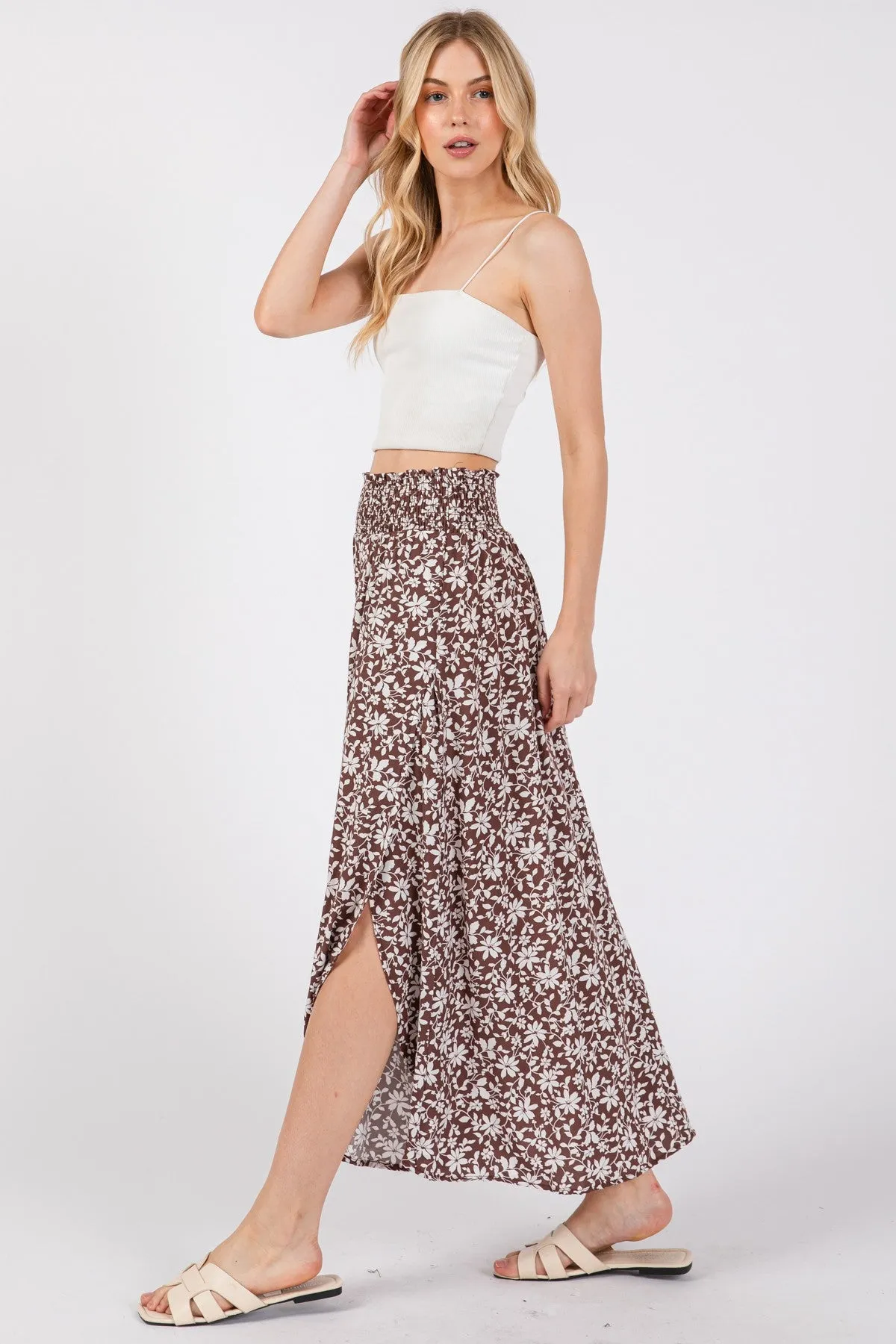 Brown Floral Smocked Waist Side Slit Skirt sold by Pinkblush product image thumbnail 2