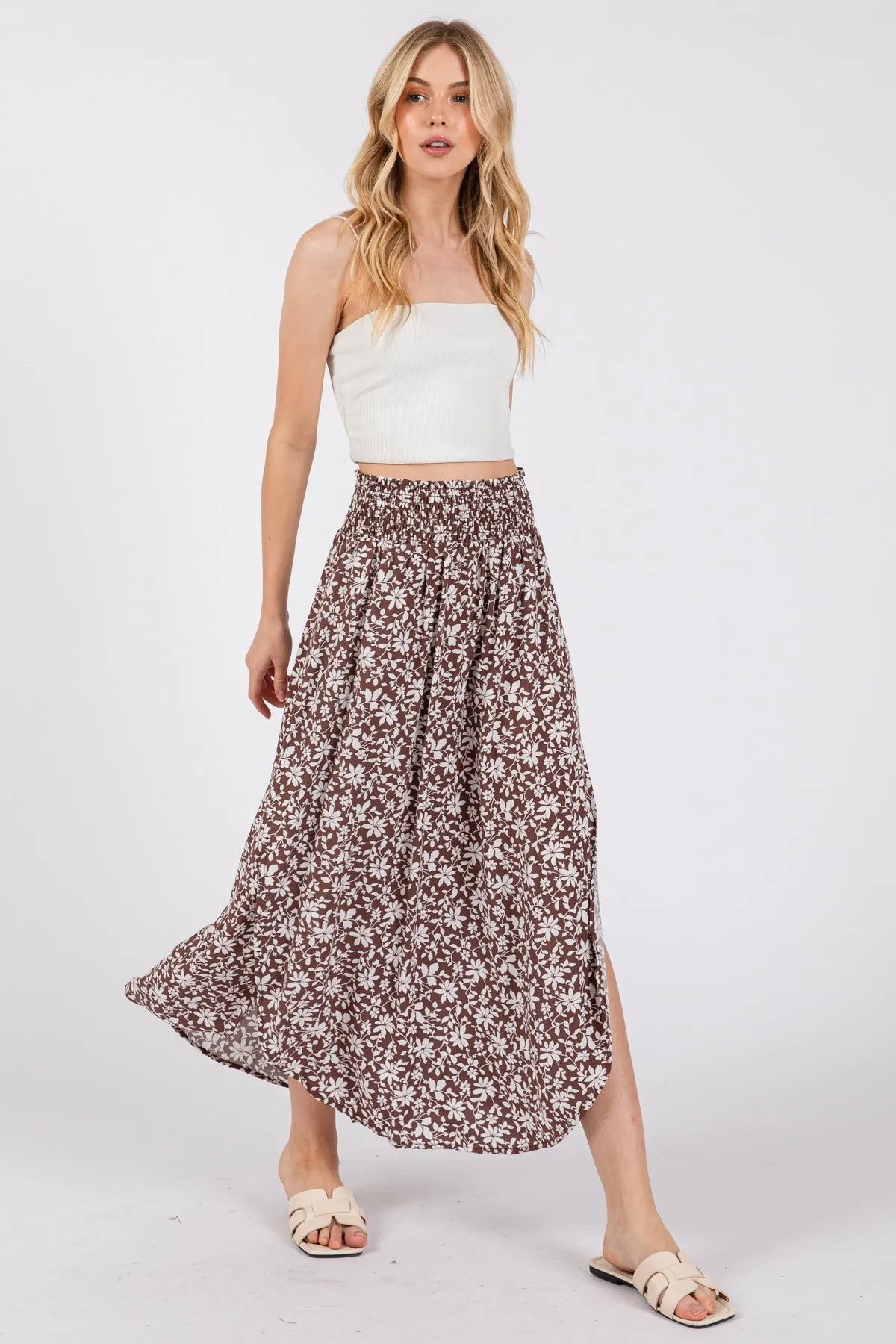 Brown Floral Smocked Waist Side Slit Skirt sold by Pinkblush product image thumbnail 4