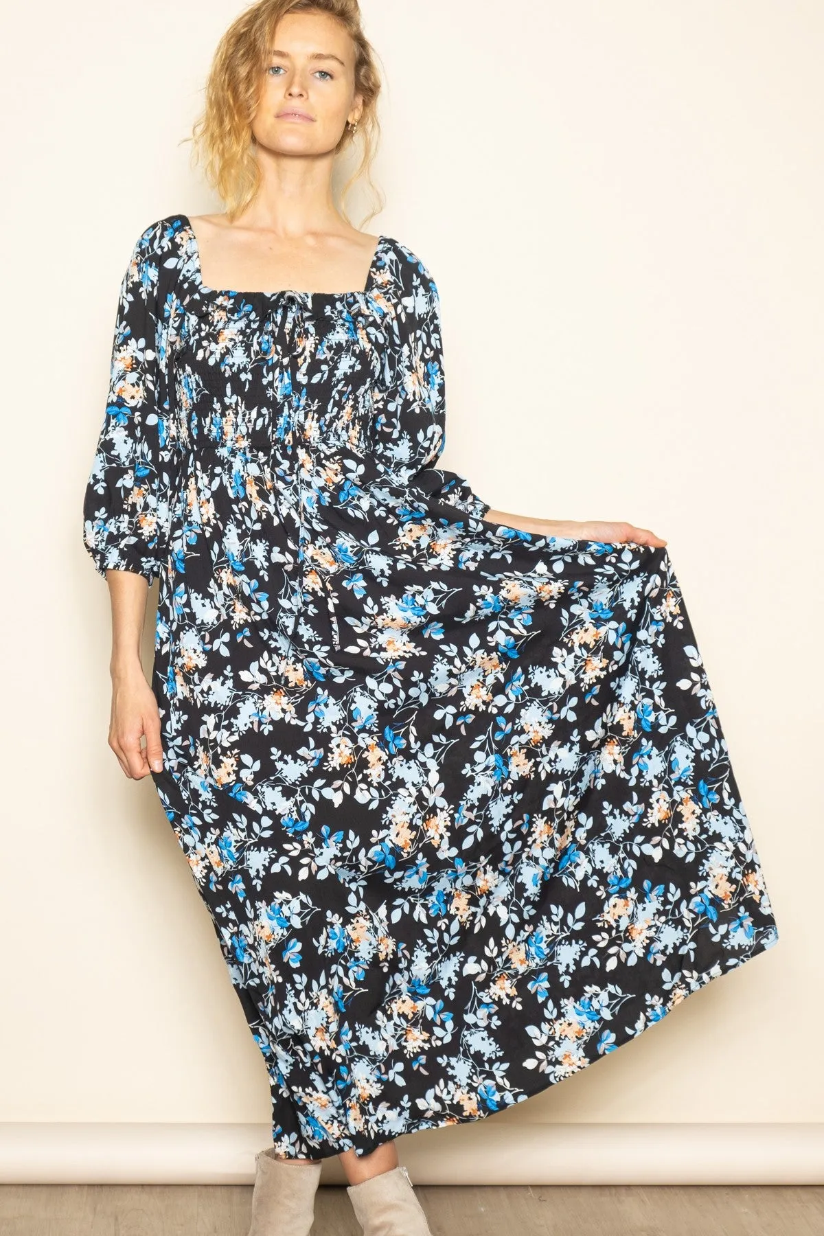 Black Floral Smocked Front Tie Maxi Dress sold by Pinkblush
