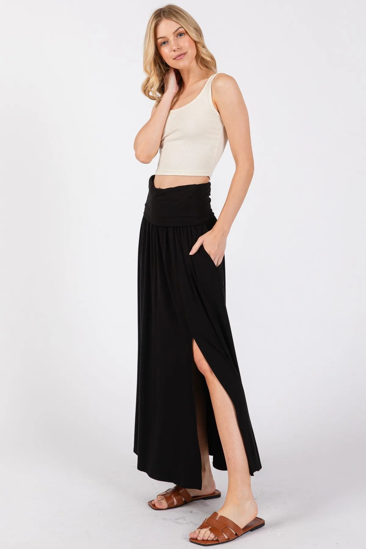 Black Foldover Waist Side Slit Maxi Skirt sold by Pinkblush product image thumbnail 2