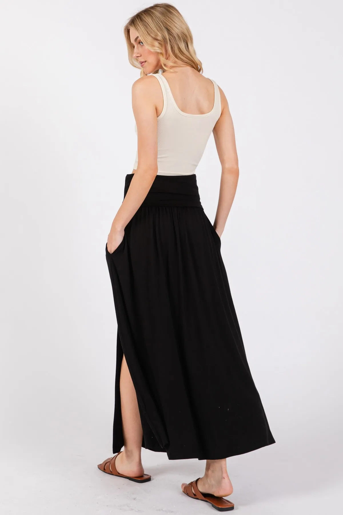 Black Foldover Waist Side Slit Maxi Skirt sold by Pinkblush product image thumbnail 3