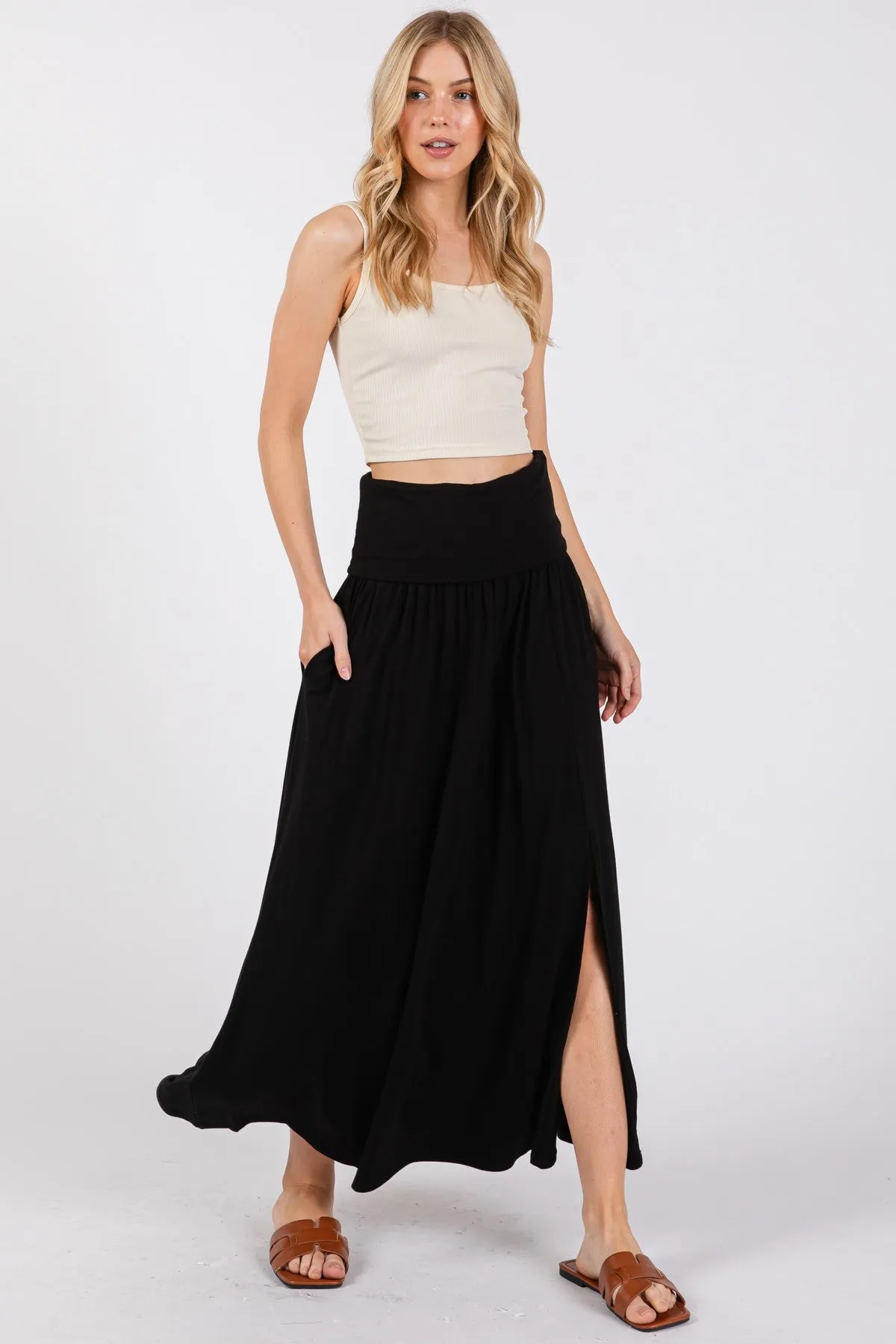 Black Foldover Waist Side Slit Maxi Skirt sold by Pinkblush