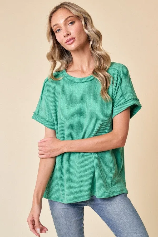 Green Exposed Seam Short Sleeve Top sold by Pinkblush