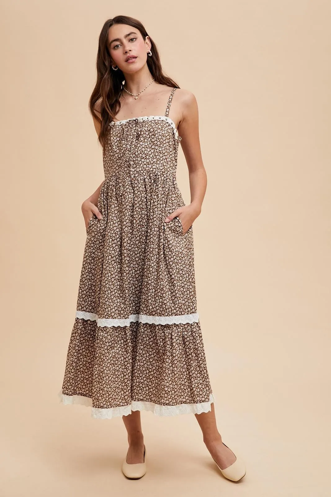 Mocha Mousse Lace Overlay Maxi Dress sold by Pinkblush