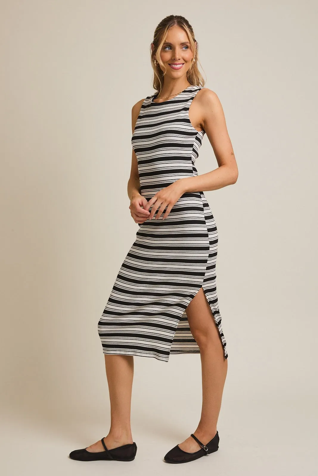 Black Multi-Stripe Ribbed Sleeveless Cutout Midi Dress sold by Pinkblush product image thumbnail 3