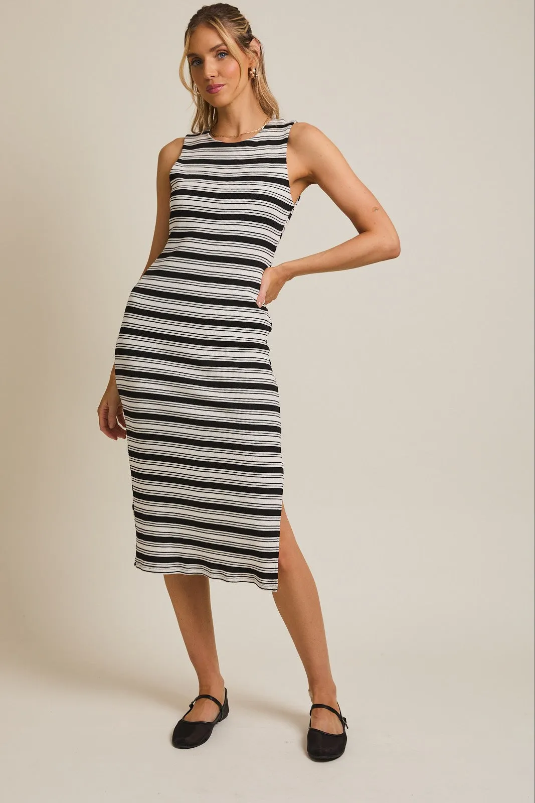 Black Multi-Stripe Ribbed Sleeveless Cutout Midi Dress sold by Pinkblush