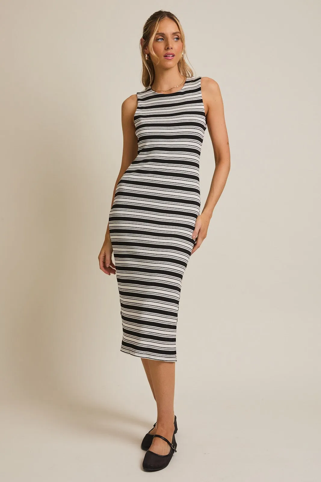 Black Multi-Stripe Ribbed Sleeveless Cutout Midi Dress sold by Pinkblush product image thumbnail 2