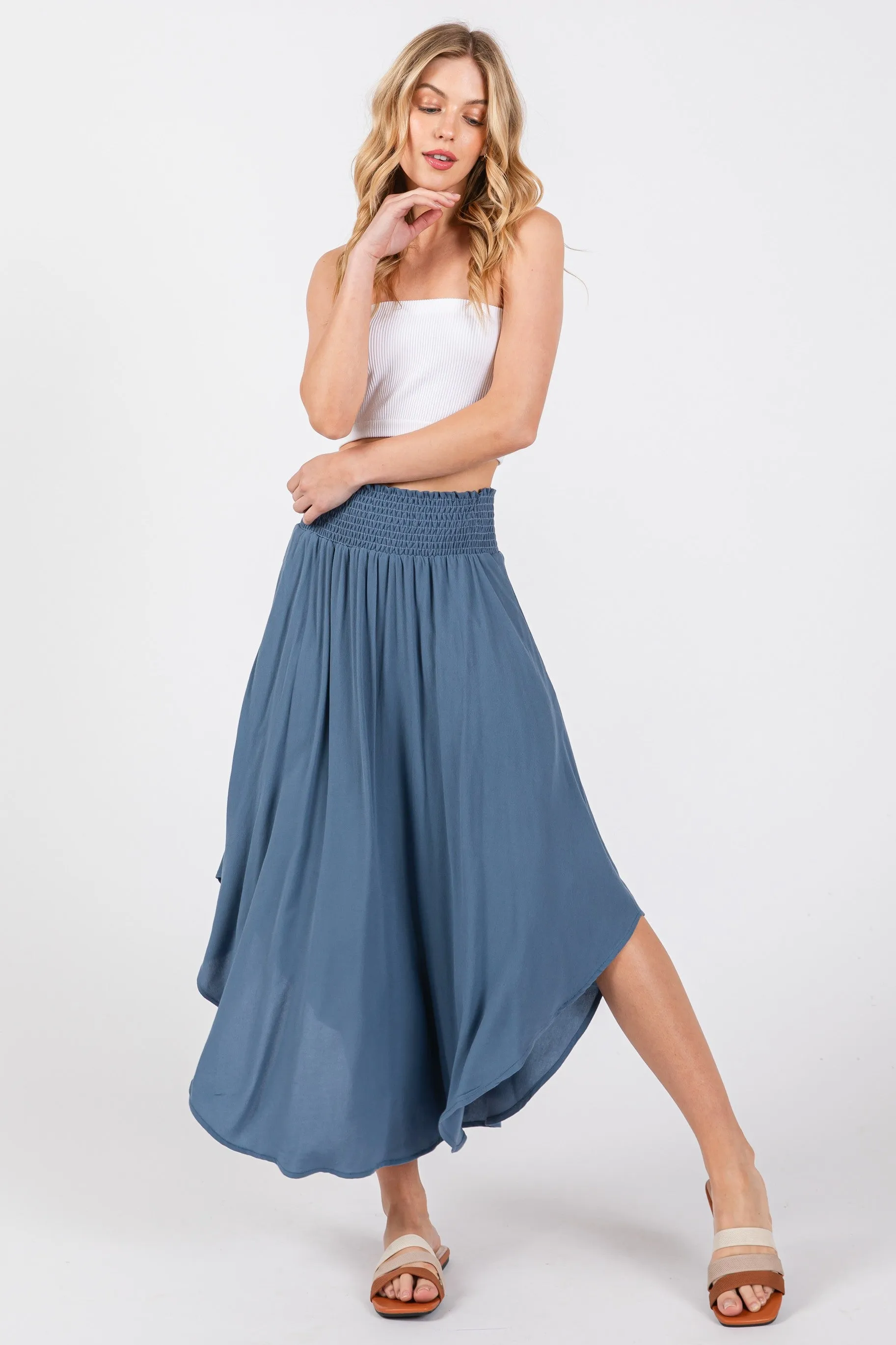 Blue Smocked Waist Rounded Hem Midi Skirt sold by Pinkblush