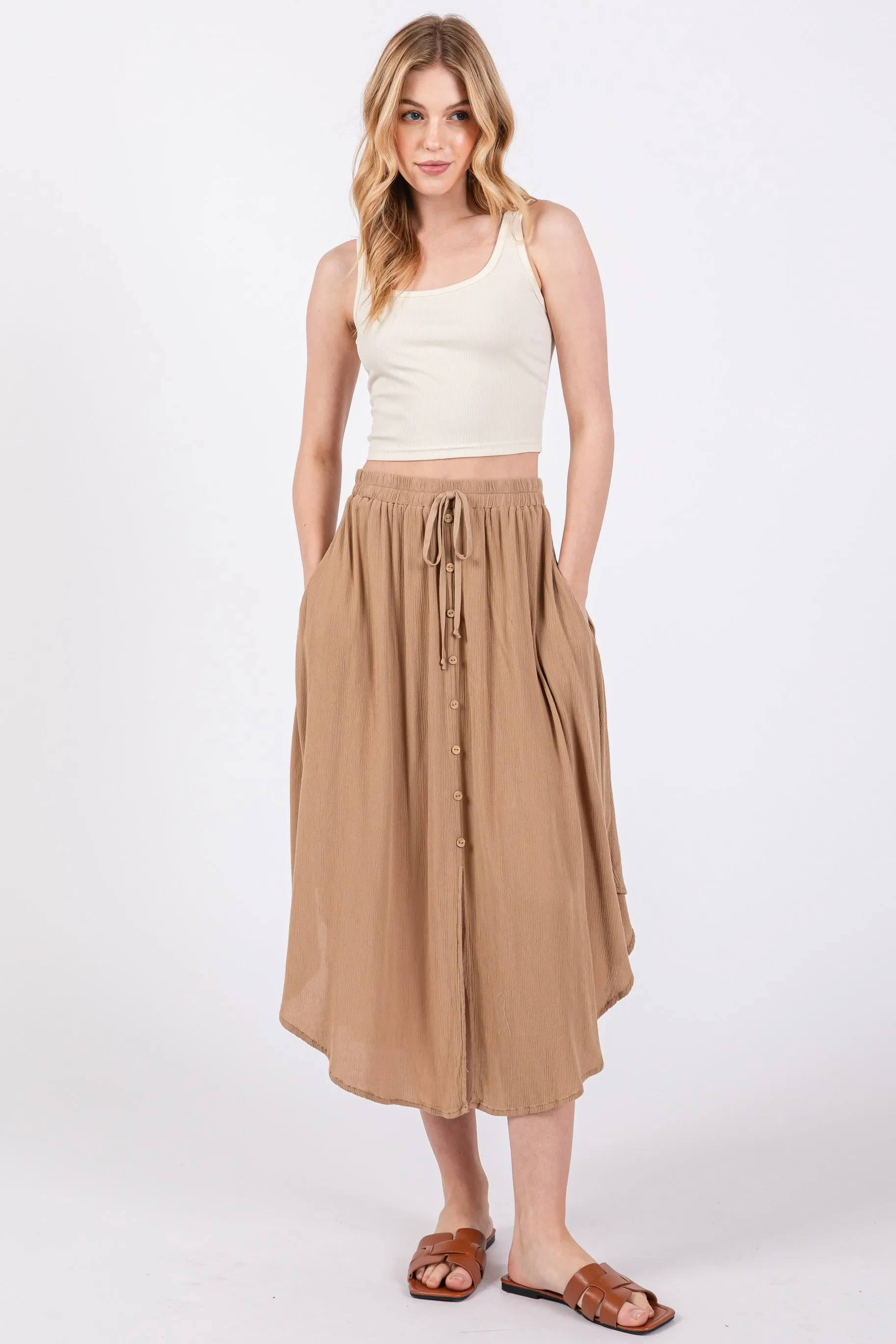 Beige Button Accent Round Hem Skirt sold by Pinkblush
