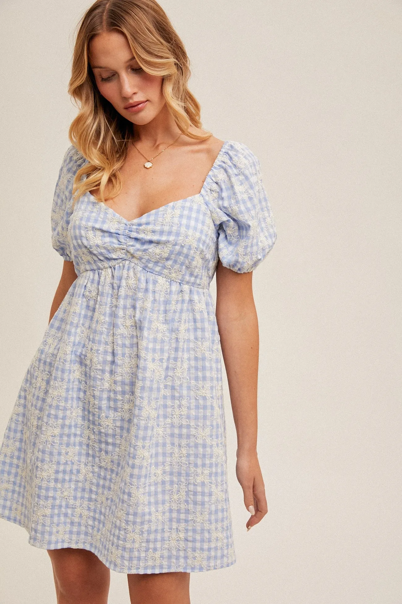 Light Blue Embroidered Gingham Sweetheart Neck Mini Dress sold by Pinkblush