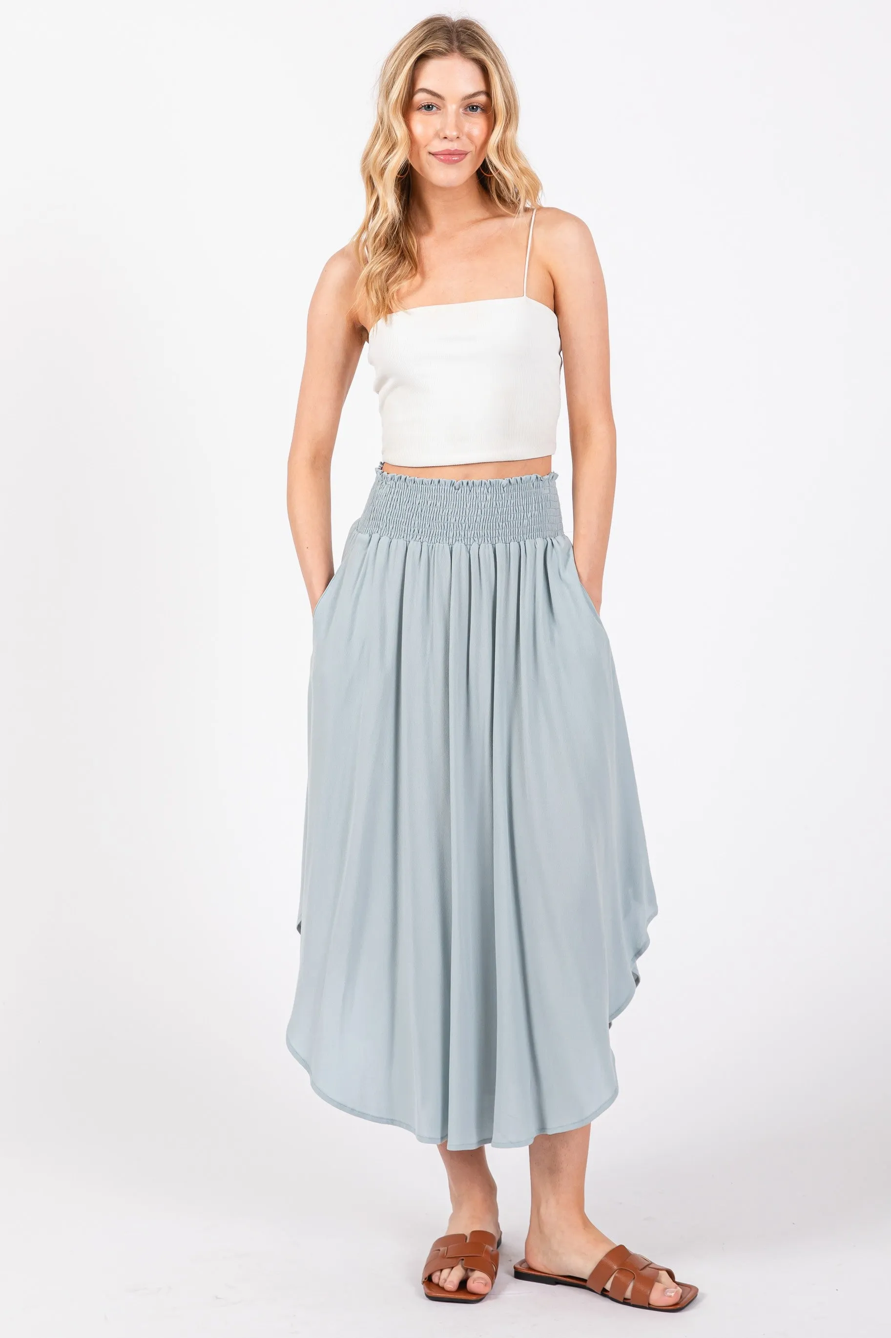 Light Blue Smocked Waist Rounded Hem Midi Skirt sold by Pinkblush