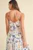 Ivory/Blue Leaf Printed Contrast Piping Detail Midi Dress sold by Pinkblush