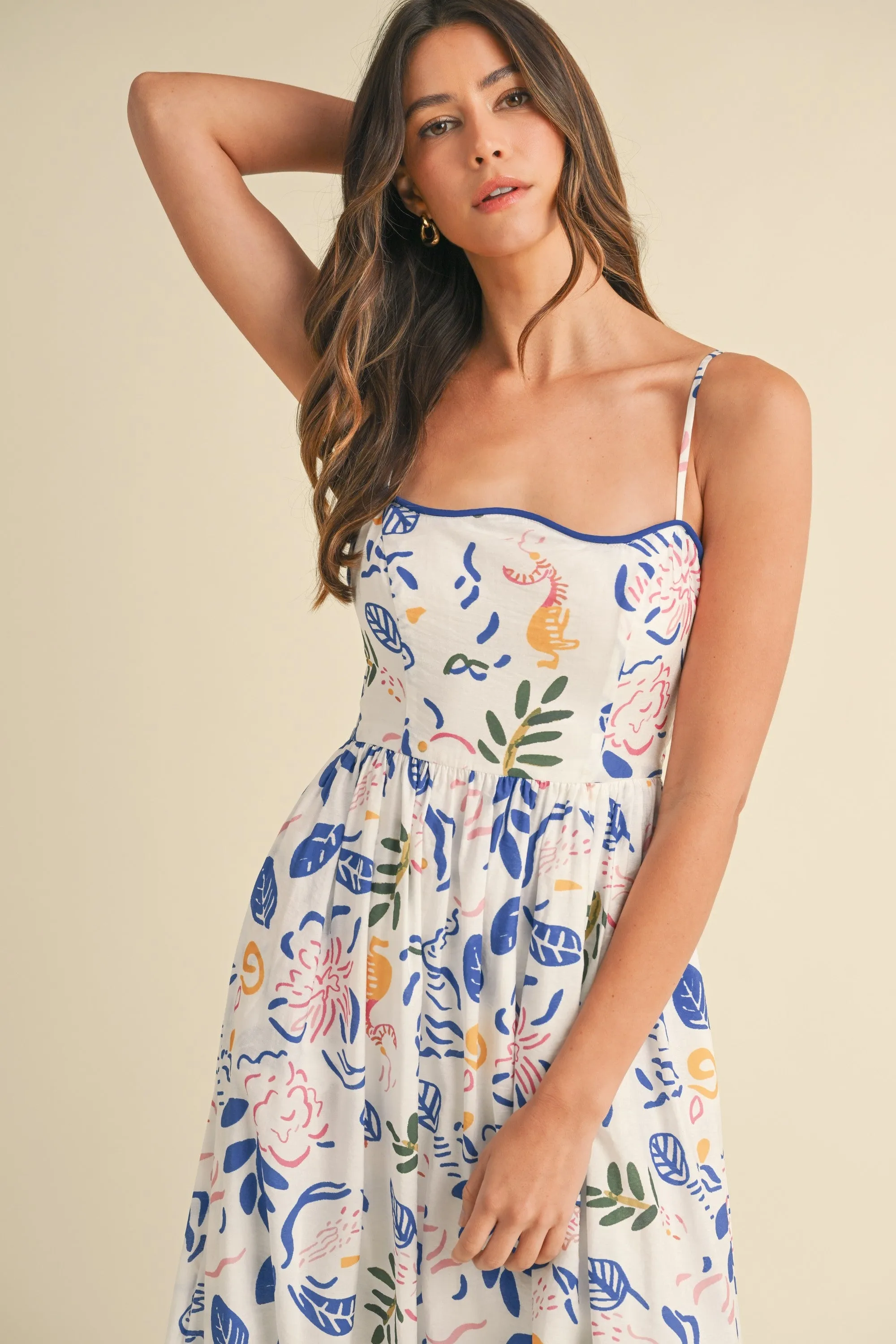 Ivory/Blue Leaf Printed Contrast Piping Detail Midi Dress sold by Pinkblush product image thumbnail 4