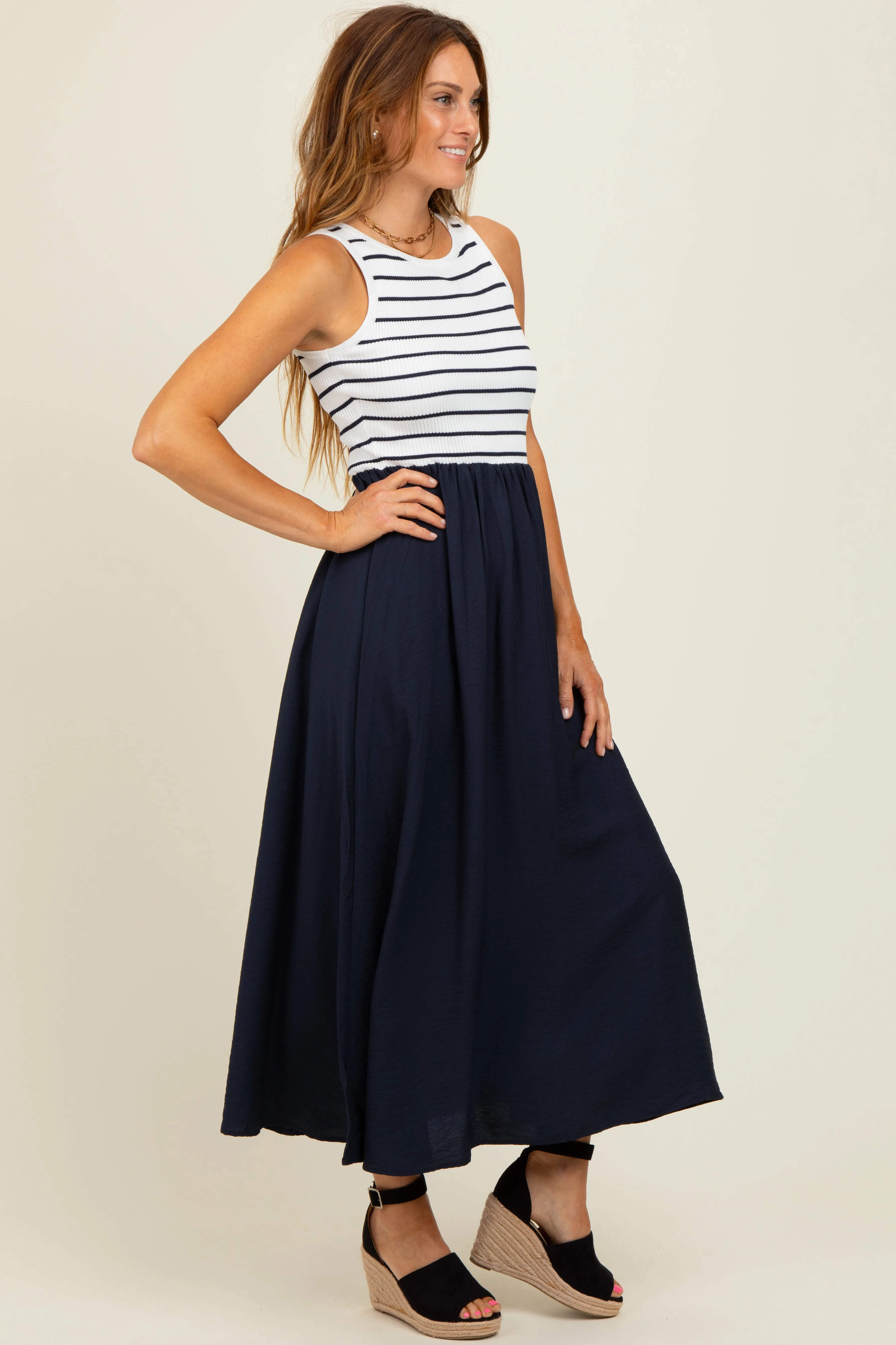 Ivory Contrast Striped Knit Sleeveless Midi Dress sold by Pinkblush product image thumbnail 2