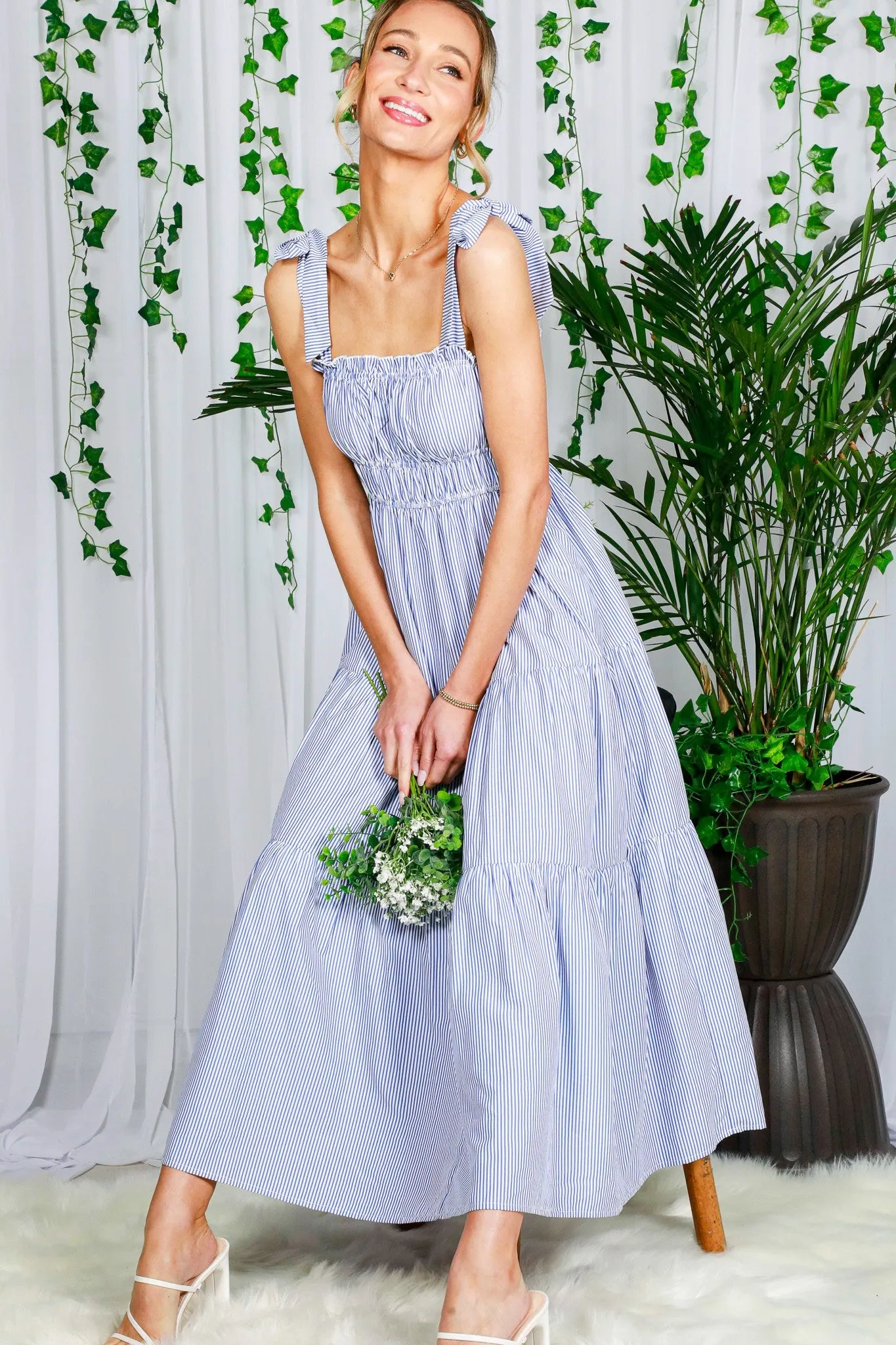 Blue Striped Shoulder Tie Ruffle Accent Tiered Maxi Dress sold by Pinkblush product image thumbnail 2