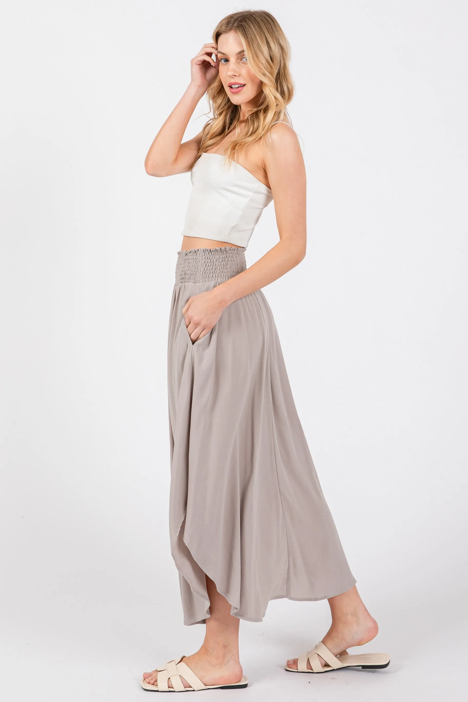 Light Grey Smocked Waist Rounded Hem Midi Skirt sold by Pinkblush product image thumbnail 2