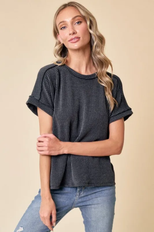 Black Exposed Seam Short Sleeve Top sold by Pinkblush
