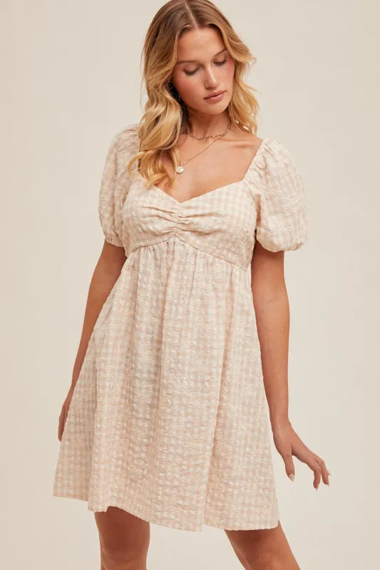 Beige Embroidered Gingham Sweetheart Neck Mini Dress sold by Pinkblush