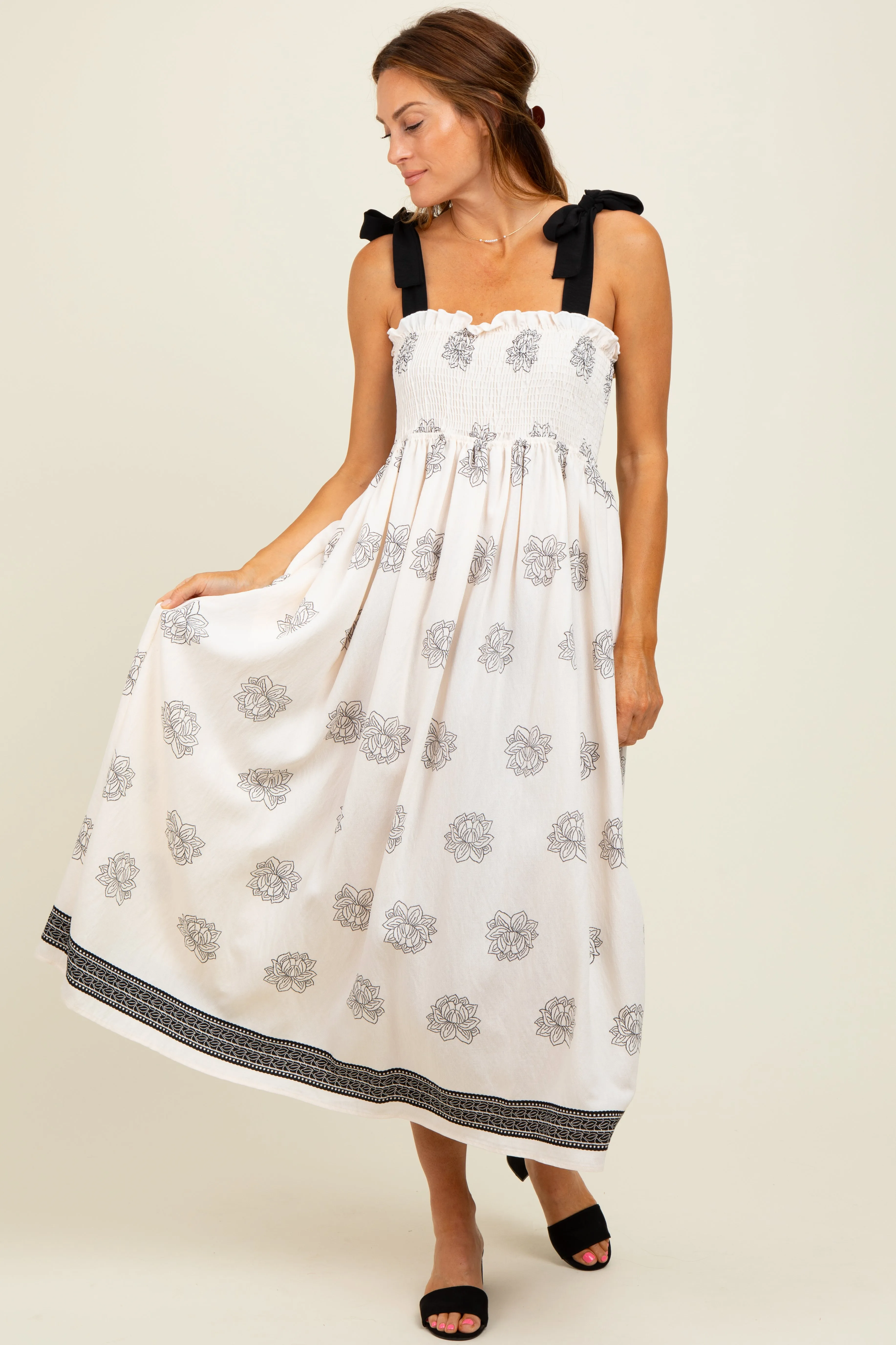 Cream/Black Vintage Floral Border Printed Smocked Top Sleeveless Maxi Dress sold by Pinkblush product image thumbnail 2