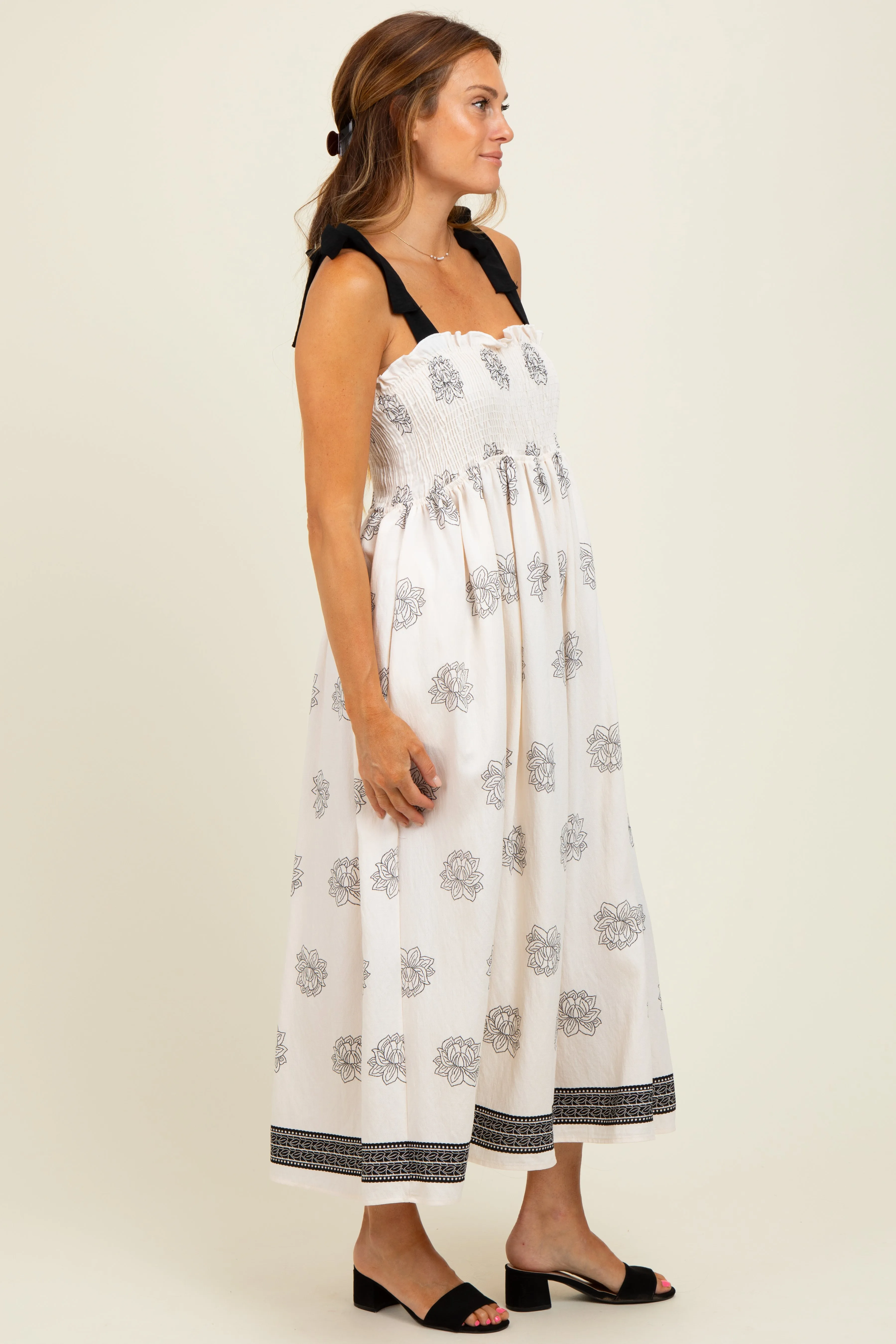 Cream/Black Vintage Floral Border Printed Smocked Top Sleeveless Maxi Dress sold by Pinkblush product image thumbnail 3