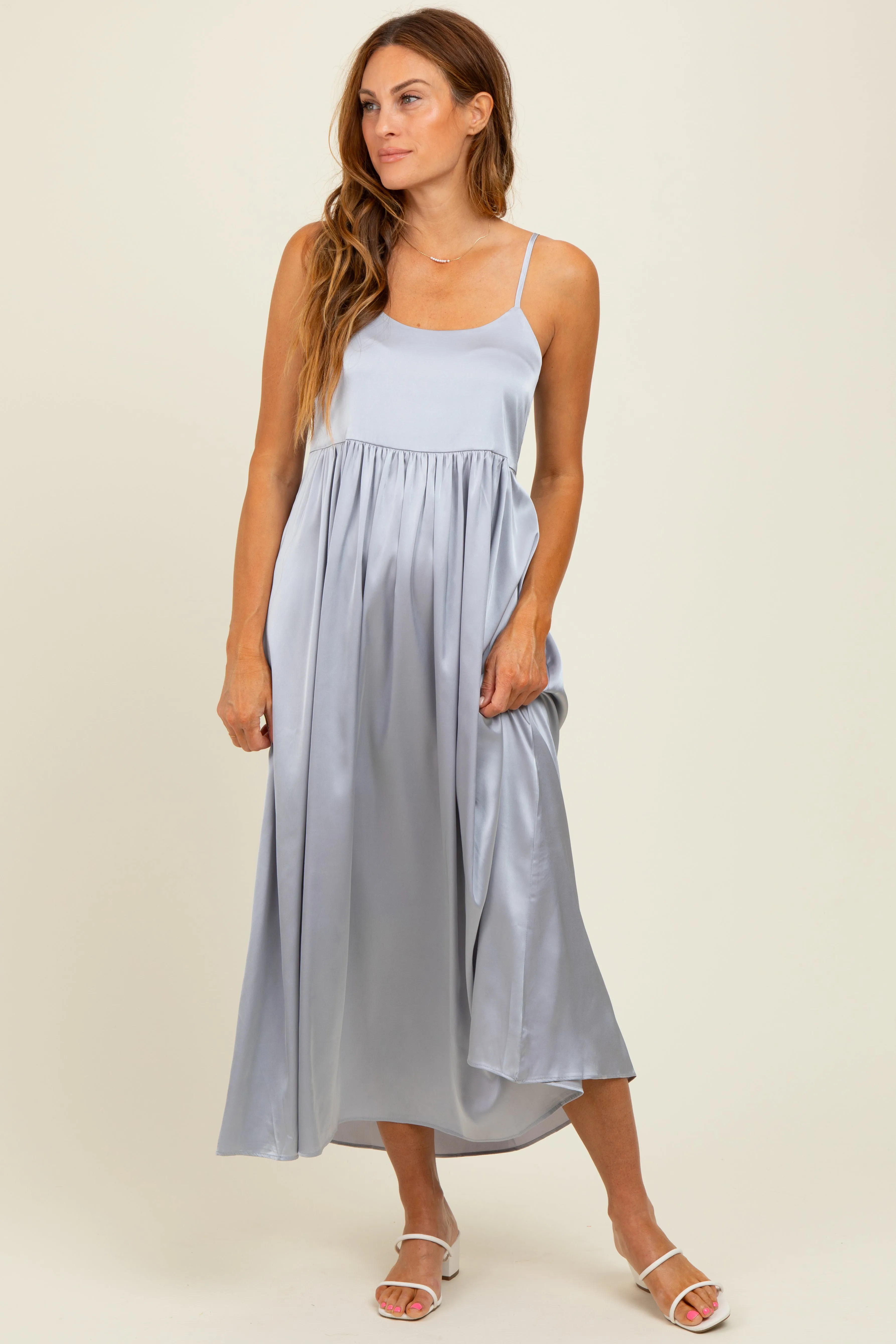 Light Grey Satin Sleeveless Tie-Back Midi Dress sold by Pinkblush product image thumbnail 2