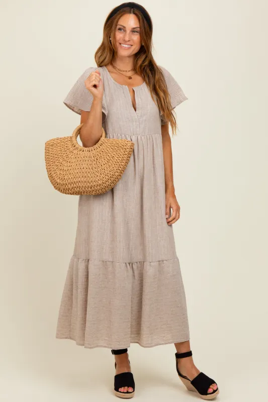 Mocha/Silver Striped Short Sleeve V-Neck Tiered Midi Dress sold by Pinkblush