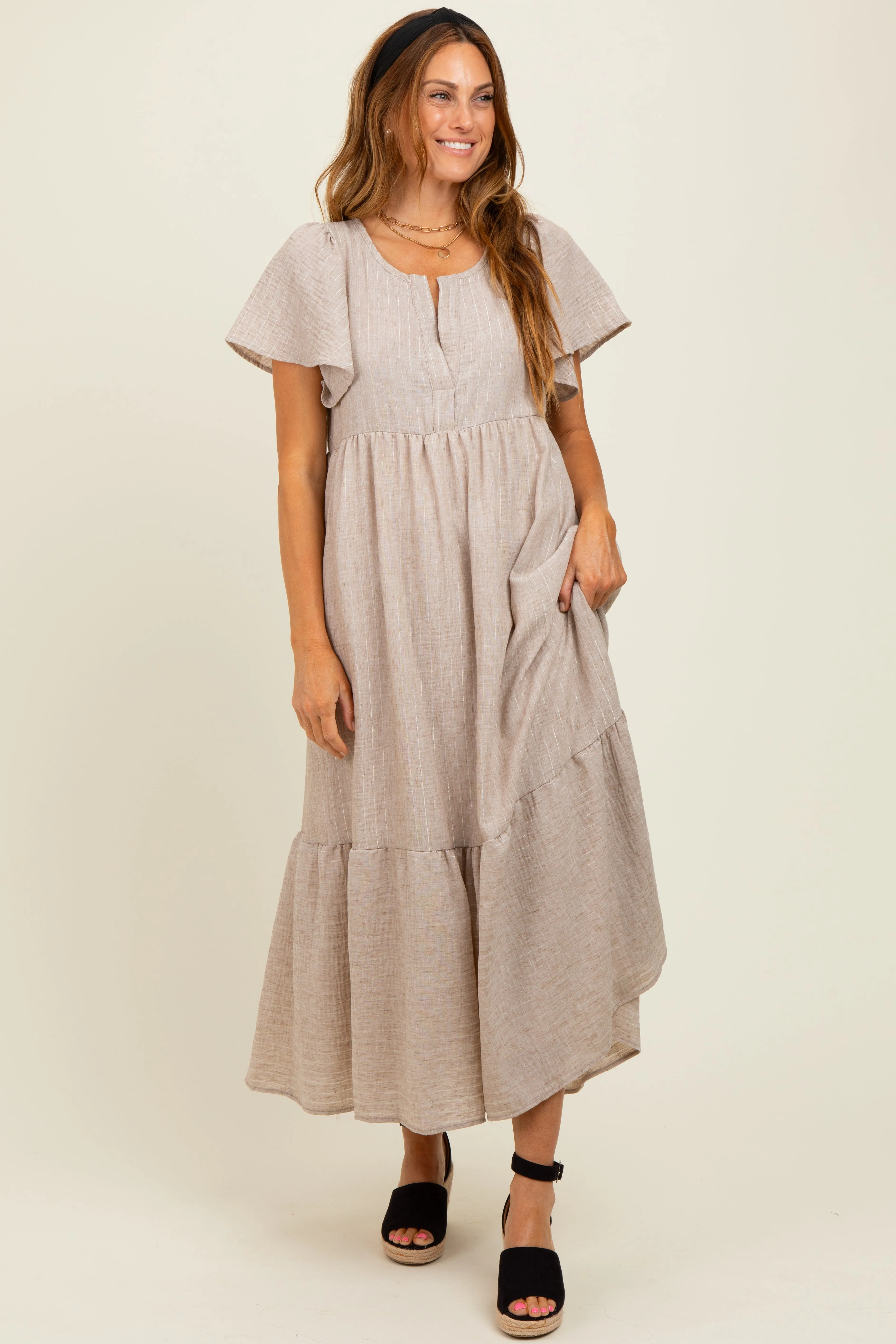 Mocha/Silver Striped Short Sleeve V-Neck Tiered Midi Dress sold by Pinkblush product image thumbnail 2