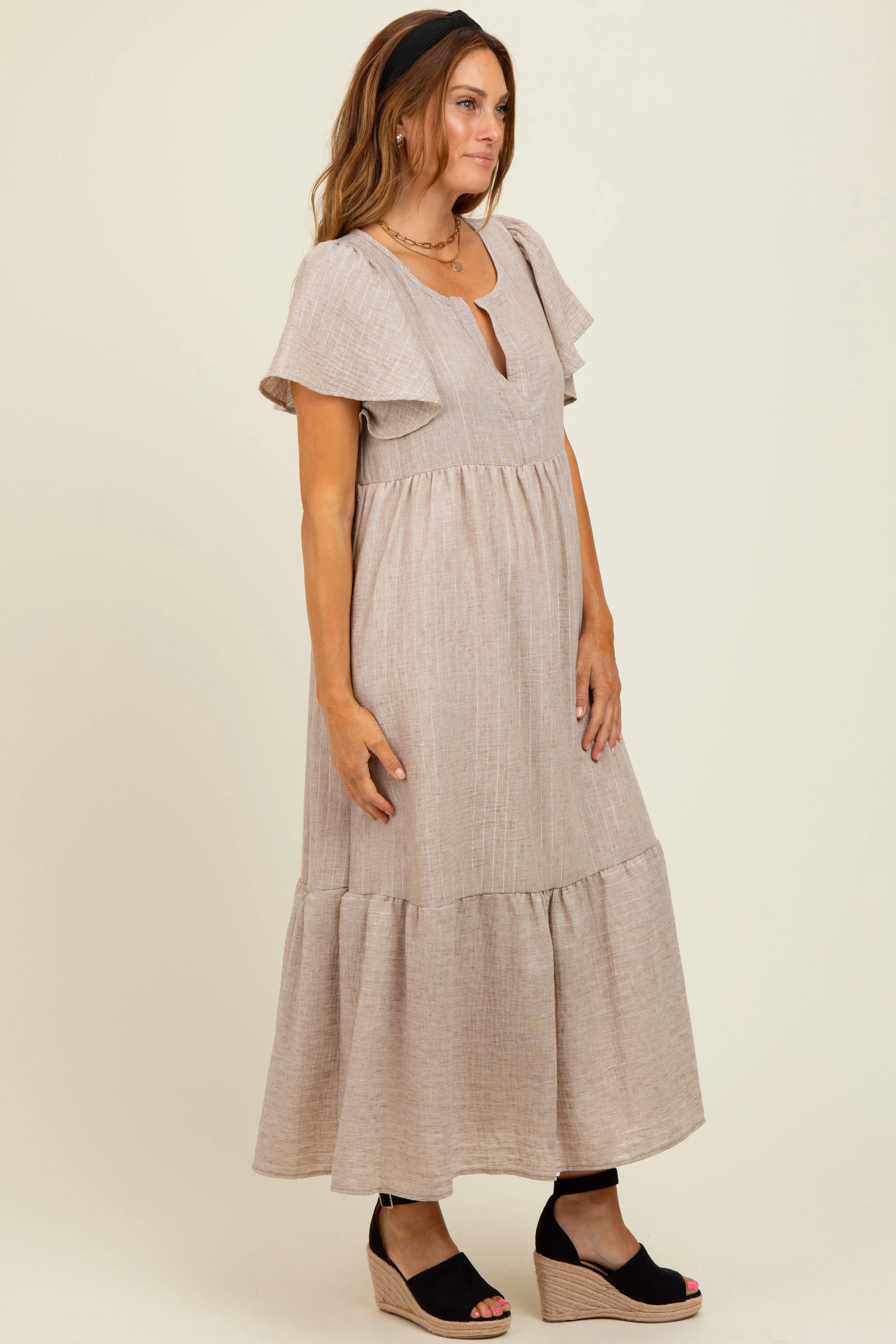 Mocha/Silver Striped Short Sleeve V-Neck Tiered Midi Dress sold by Pinkblush product image thumbnail 3