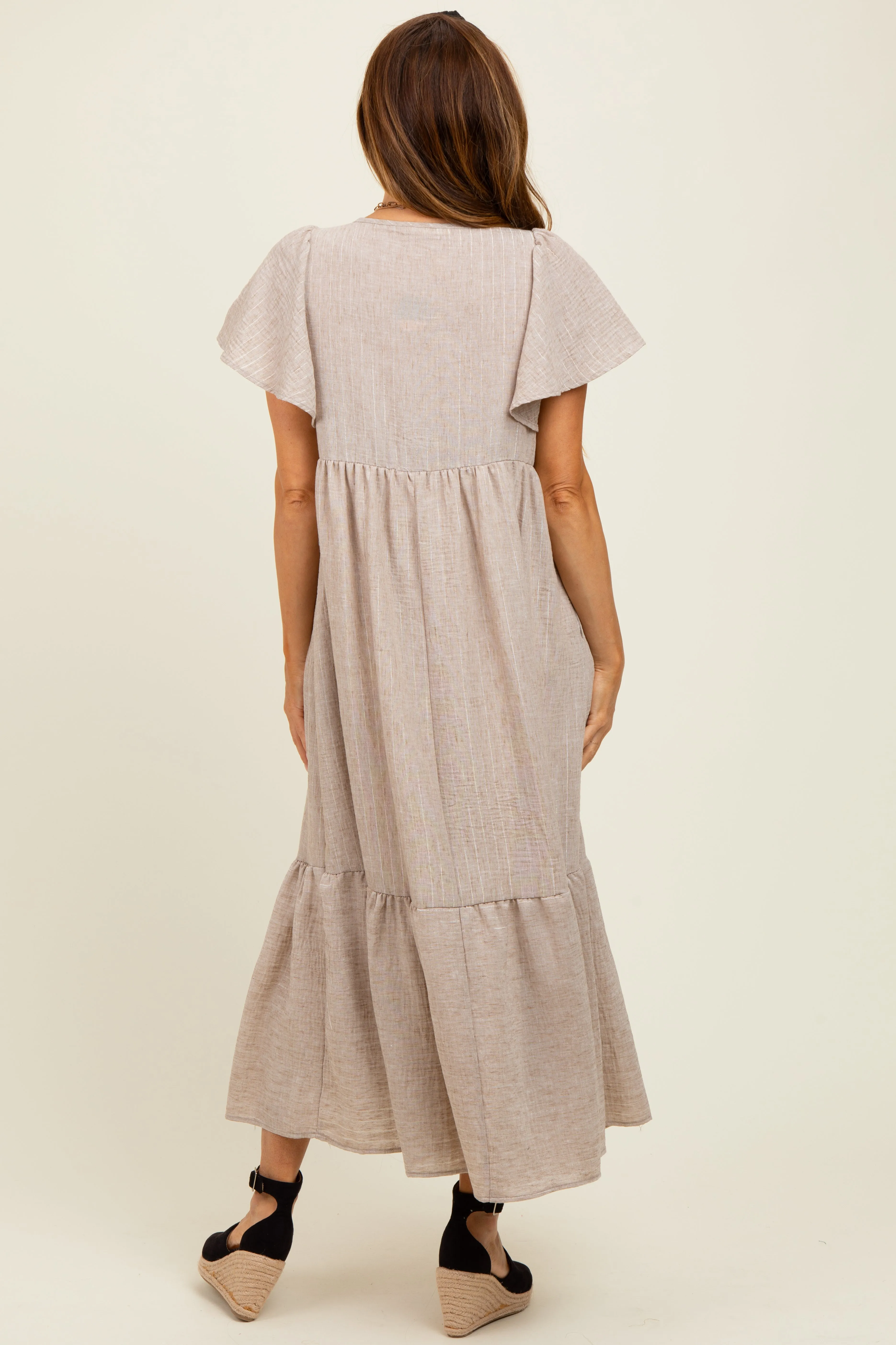 Mocha/Silver Striped Short Sleeve V-Neck Tiered Midi Dress sold by Pinkblush product image thumbnail 4