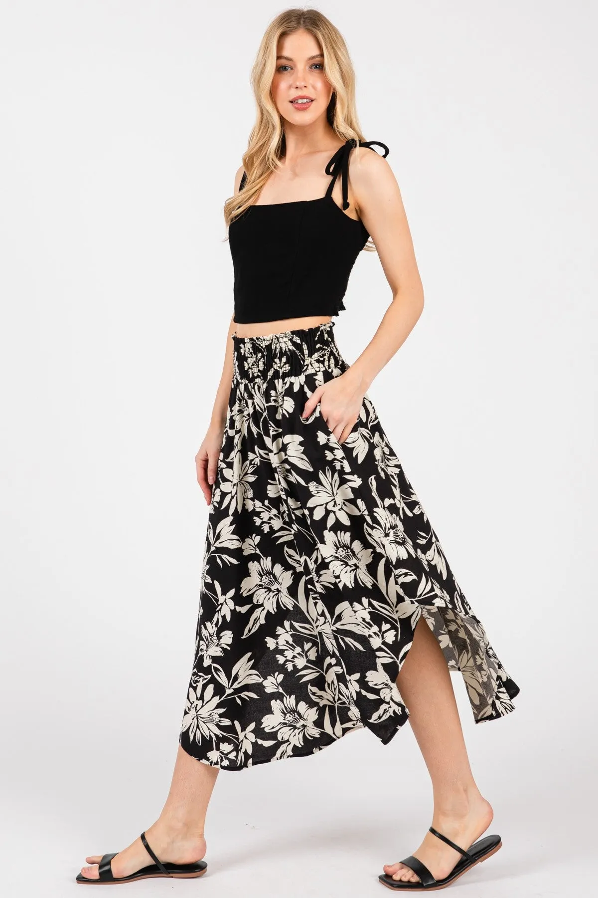 Black Floral Smocked Waistband Midi Skirt sold by Pinkblush product image thumbnail 2