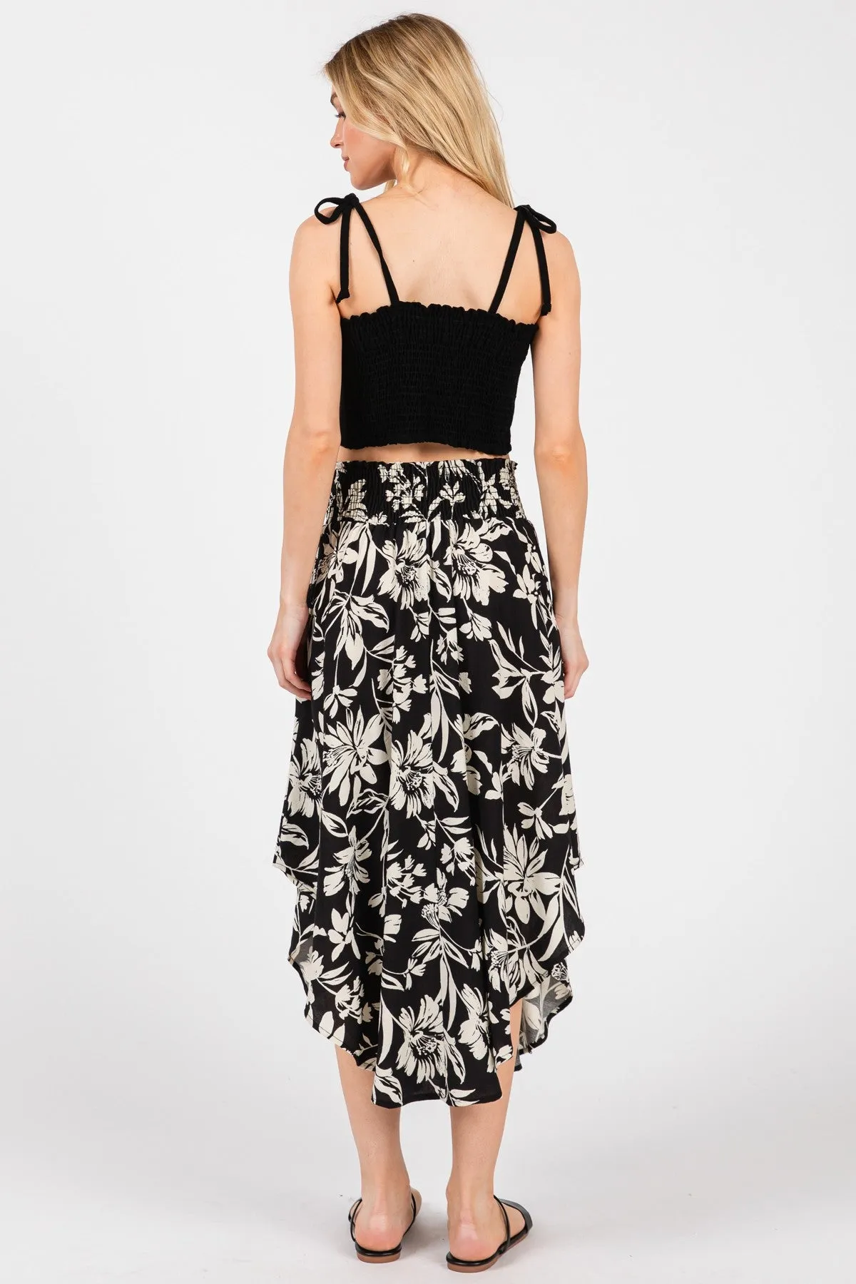 Black Floral Smocked Waistband Midi Skirt sold by Pinkblush product image thumbnail 3