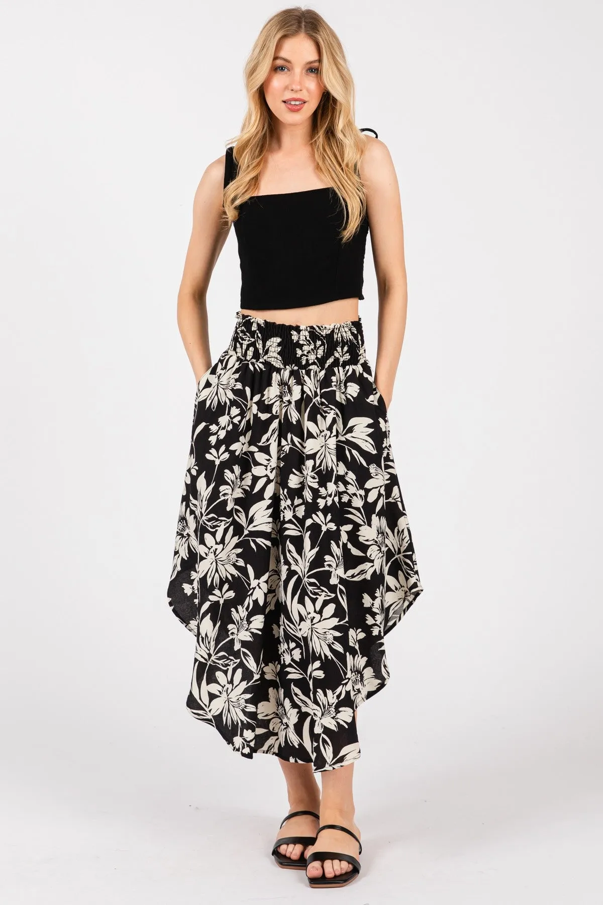 Black Floral Smocked Waistband Midi Skirt sold by Pinkblush