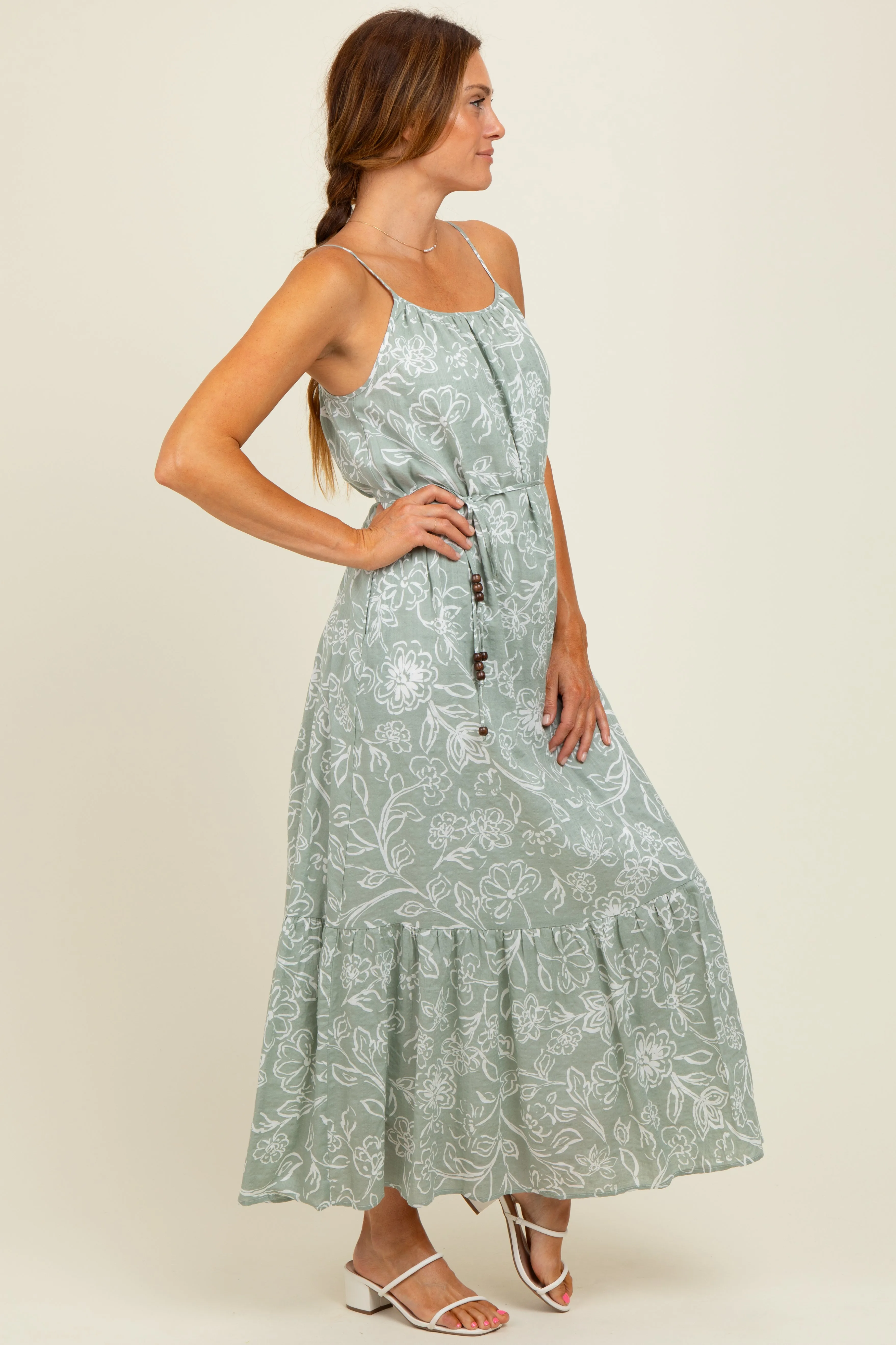 Light Olive Floral Sleeveless Waist Tie Maxi Dress sold by Pinkblush product image thumbnail 3