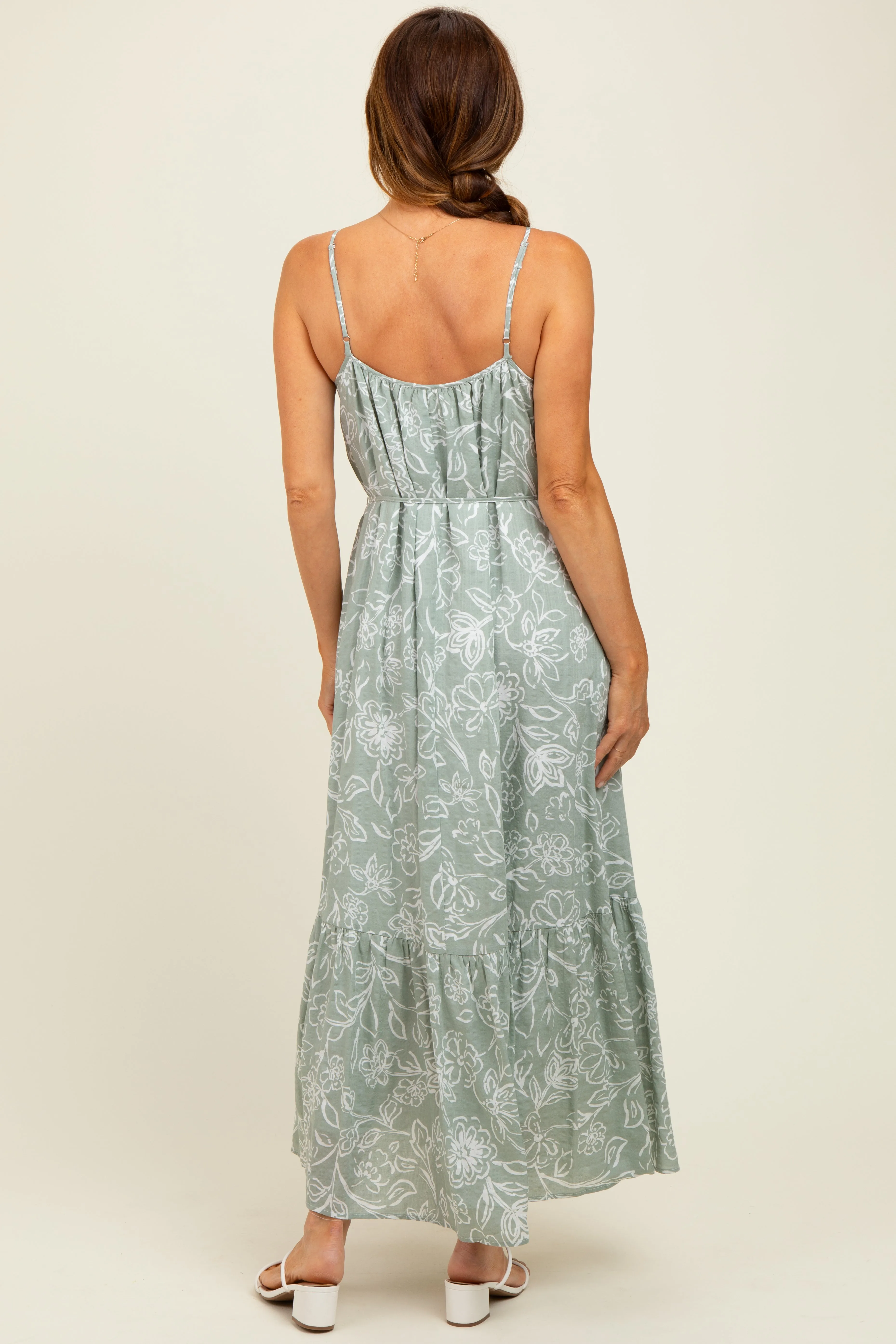 Light Olive Floral Sleeveless Waist Tie Maxi Dress sold by Pinkblush product image thumbnail 4
