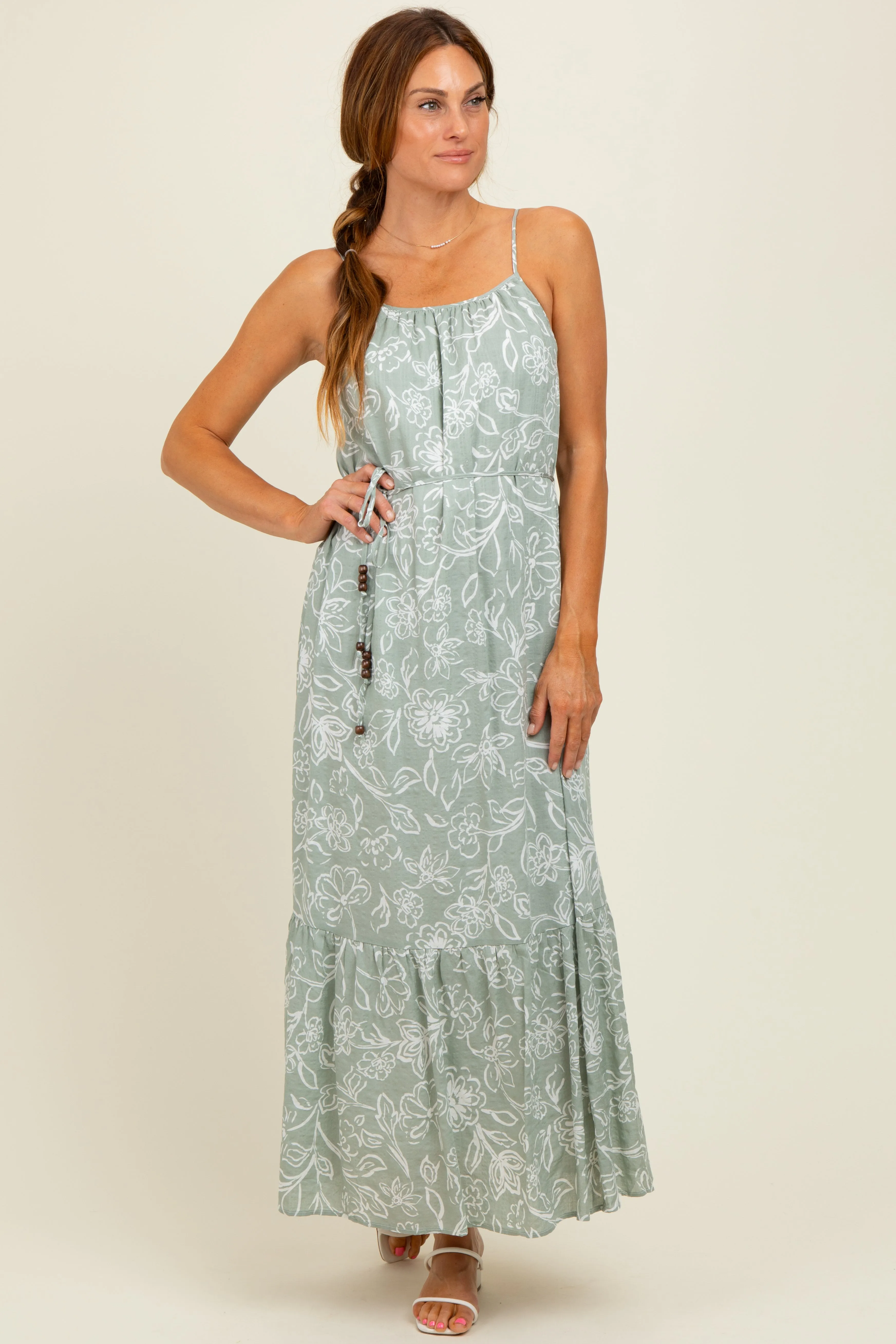Light Olive Floral Sleeveless Waist Tie Maxi Dress sold by Pinkblush product image thumbnail 2
