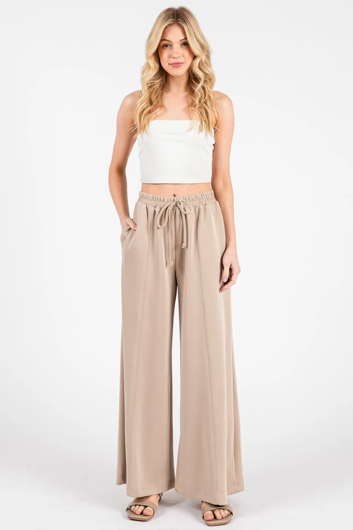 Beige Drawstring Wide Leg Pants sold by Pinkblush