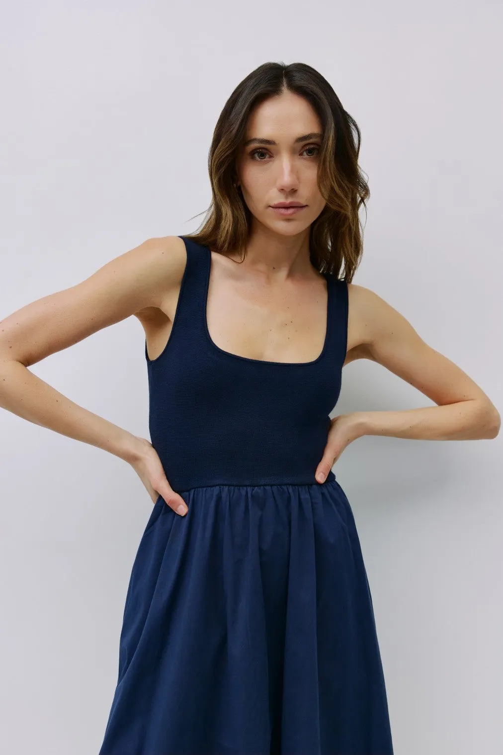 Navy Contrast Knit Poplin Sleeveless Midi Dress sold by Pinkblush product image thumbnail 4