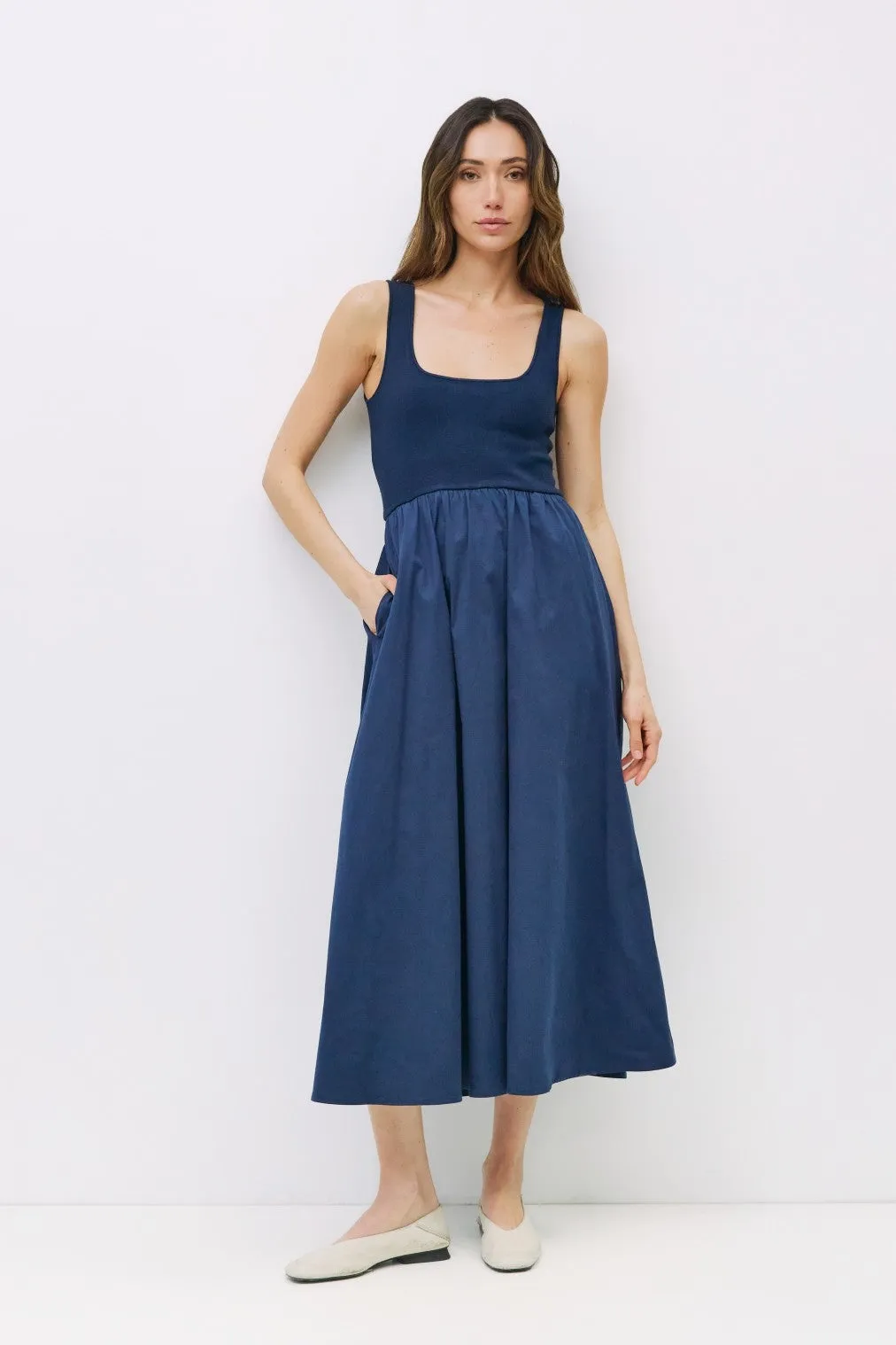 Navy Contrast Knit Poplin Sleeveless Midi Dress sold by Pinkblush