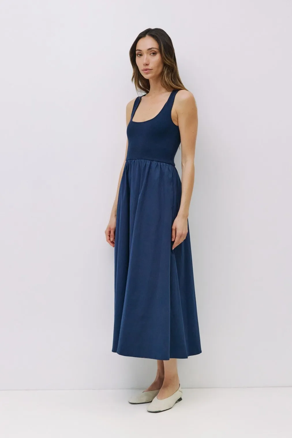 Navy Contrast Knit Poplin Sleeveless Midi Dress sold by Pinkblush product image thumbnail 2