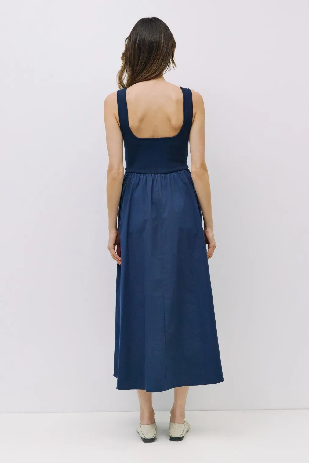 Navy Contrast Knit Poplin Sleeveless Midi Dress sold by Pinkblush product image thumbnail 3