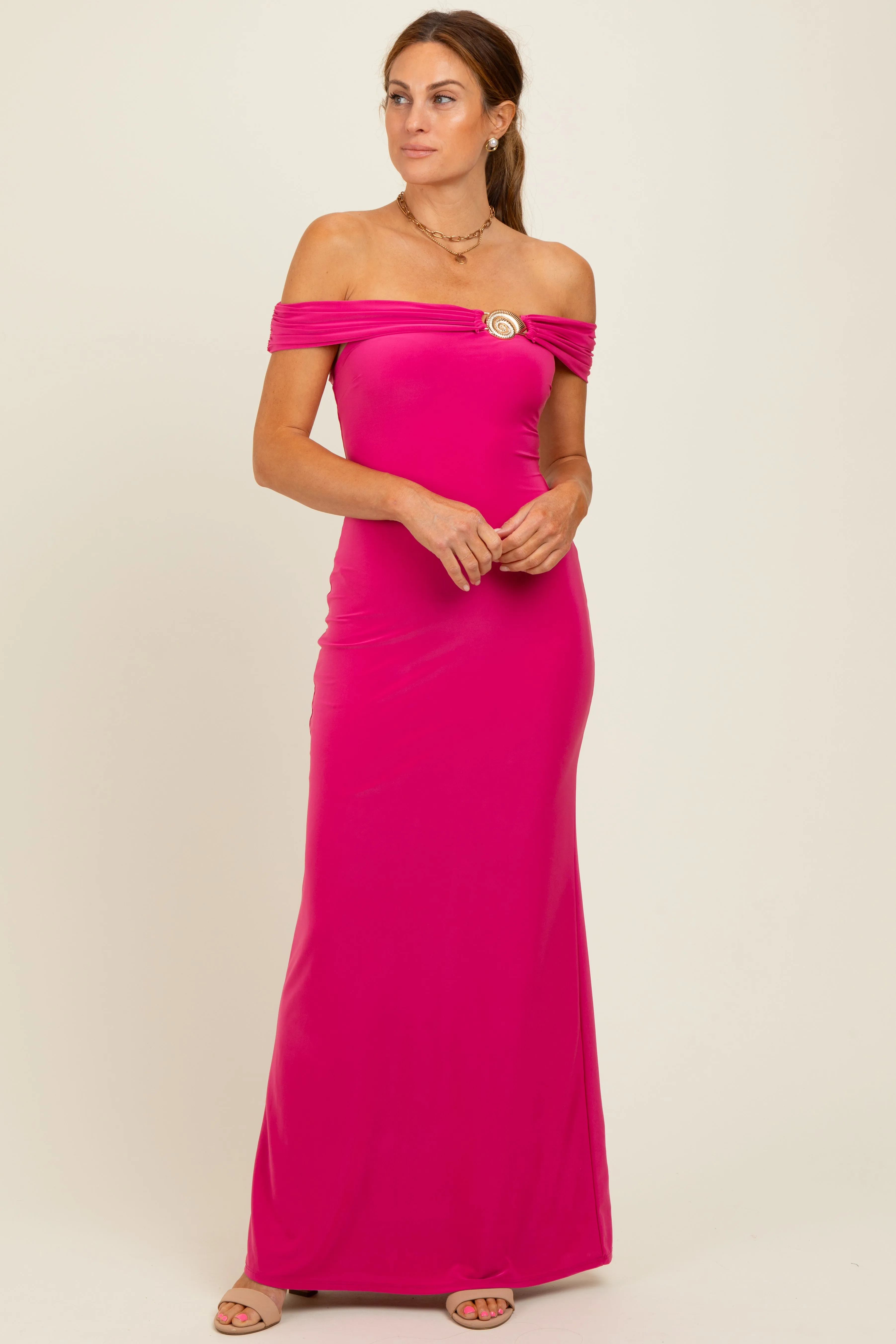 Fuchsia Off Shoulder Seashell Pendant Maxi Dress sold by Pinkblush