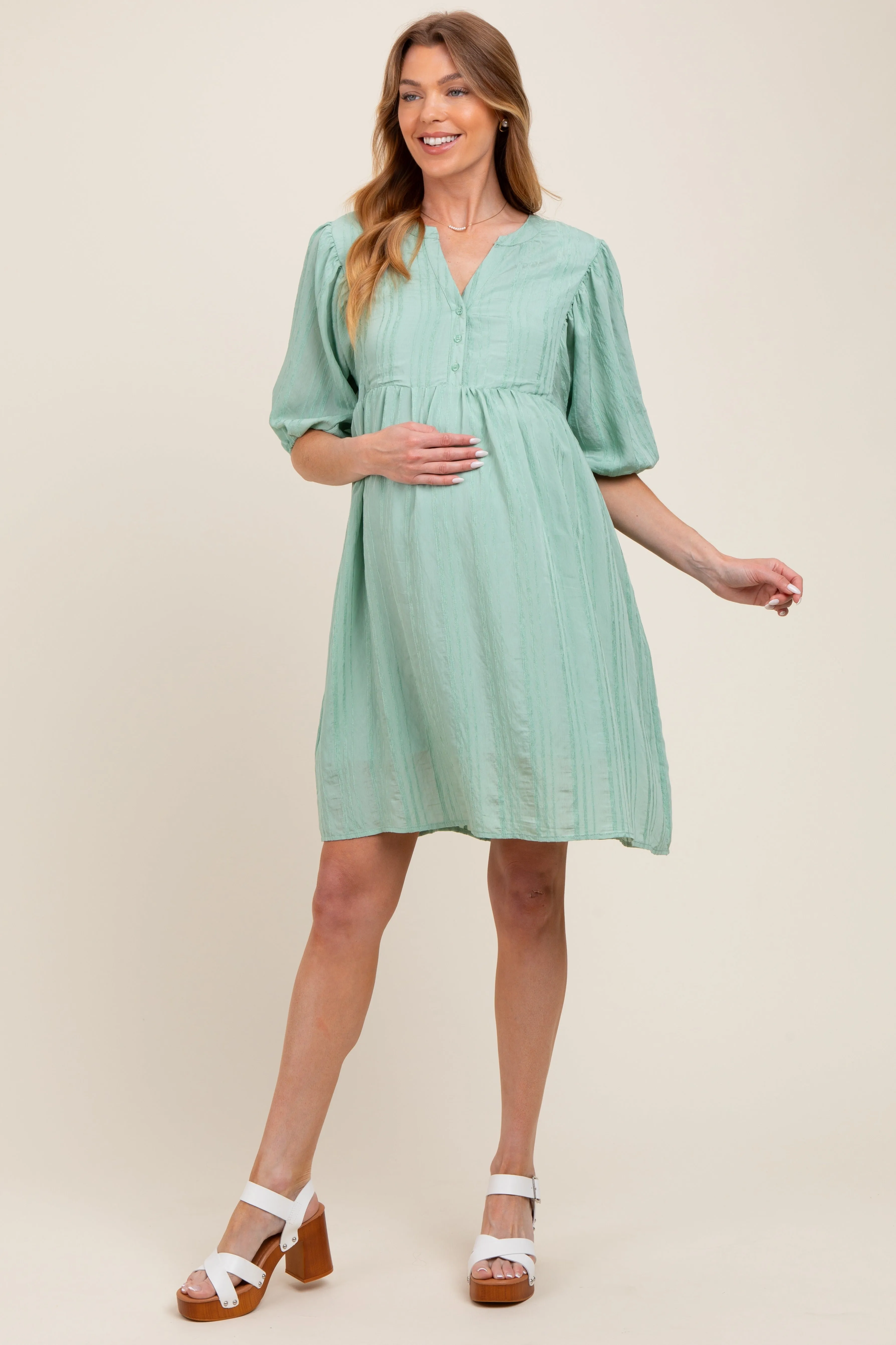 Light Olive Sheer Stripe Textured Maternity Mini Dress sold by Pinkblush