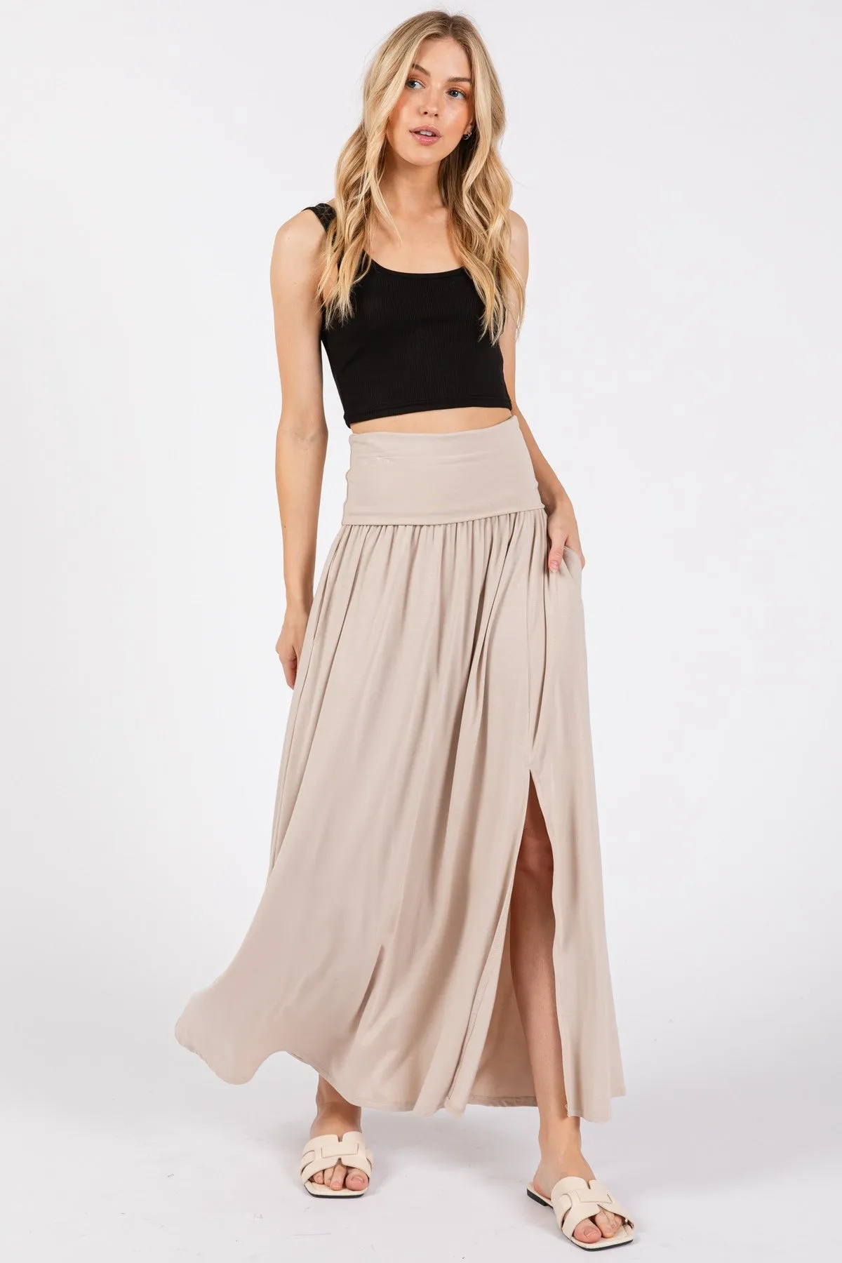 Beige Foldover Waist Side Slit Maxi Skirt sold by Pinkblush