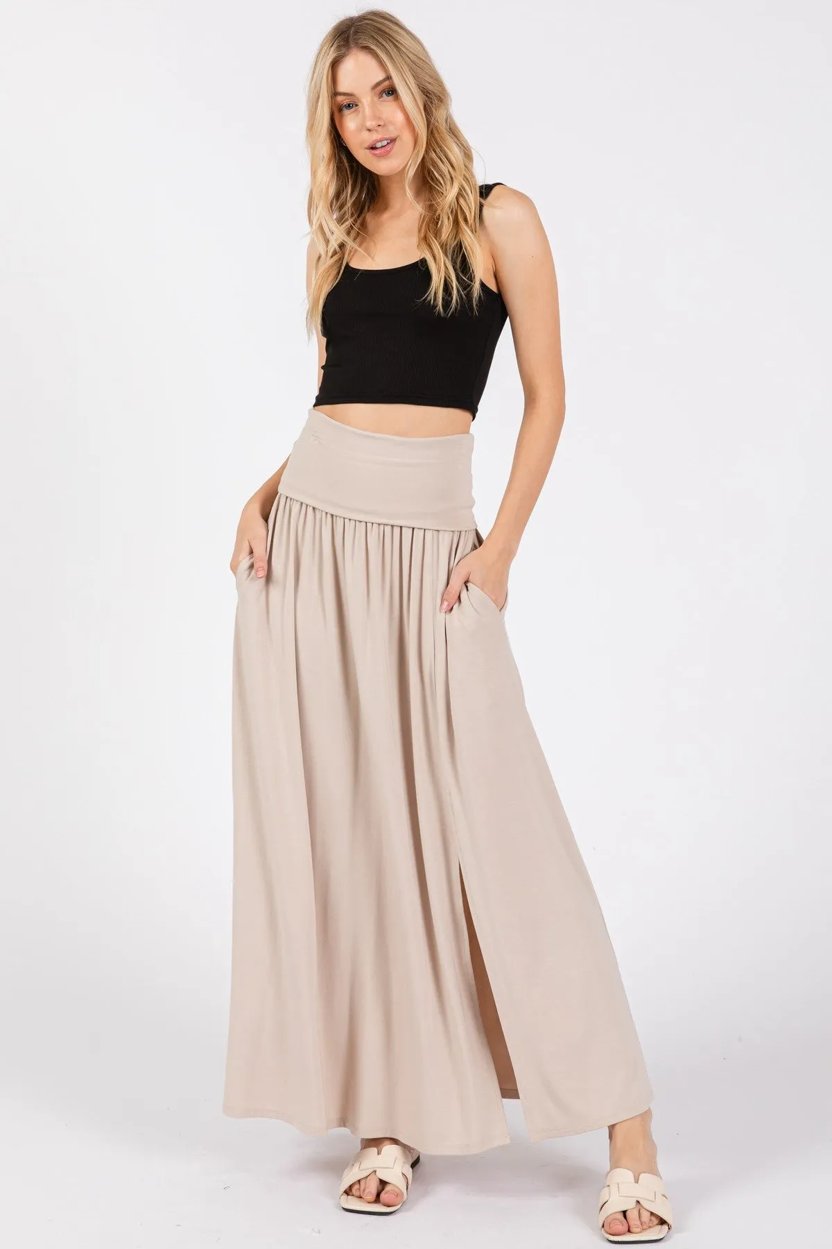 Beige Foldover Waist Side Slit Maxi Skirt sold by Pinkblush product image thumbnail 2