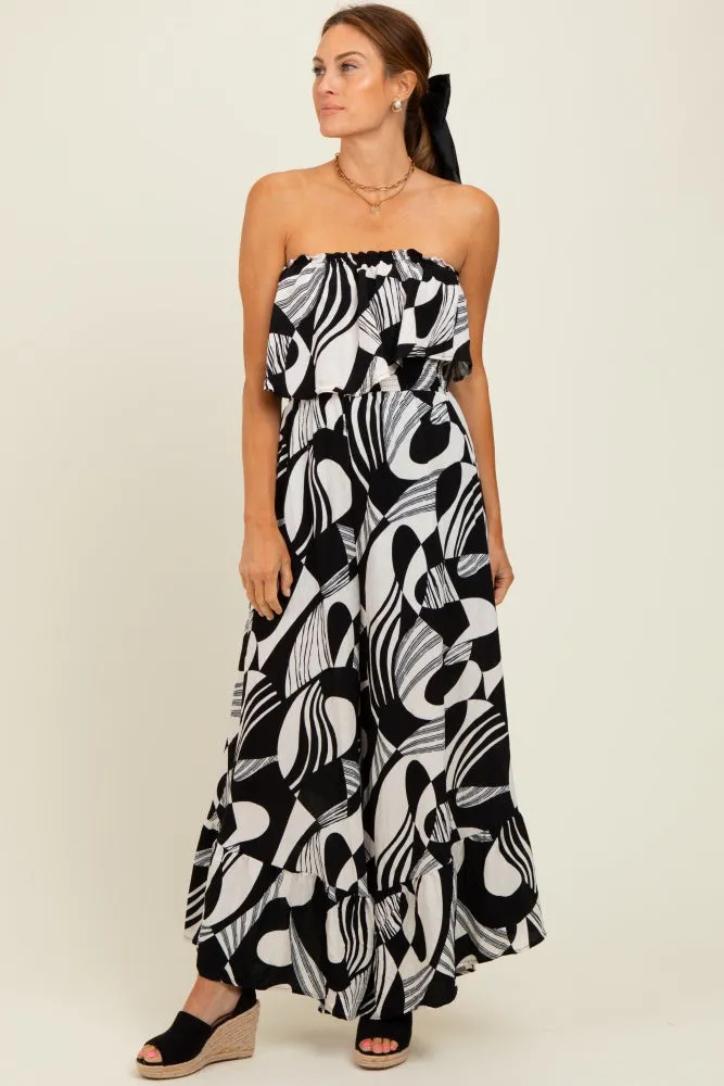Black/Cream Printed Wide Leg Tube Jumpsuit sold by Pinkblush