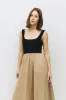 Beige Black Contrast Knit Poplin Sleeveless Midi Dress sold by Pinkblush