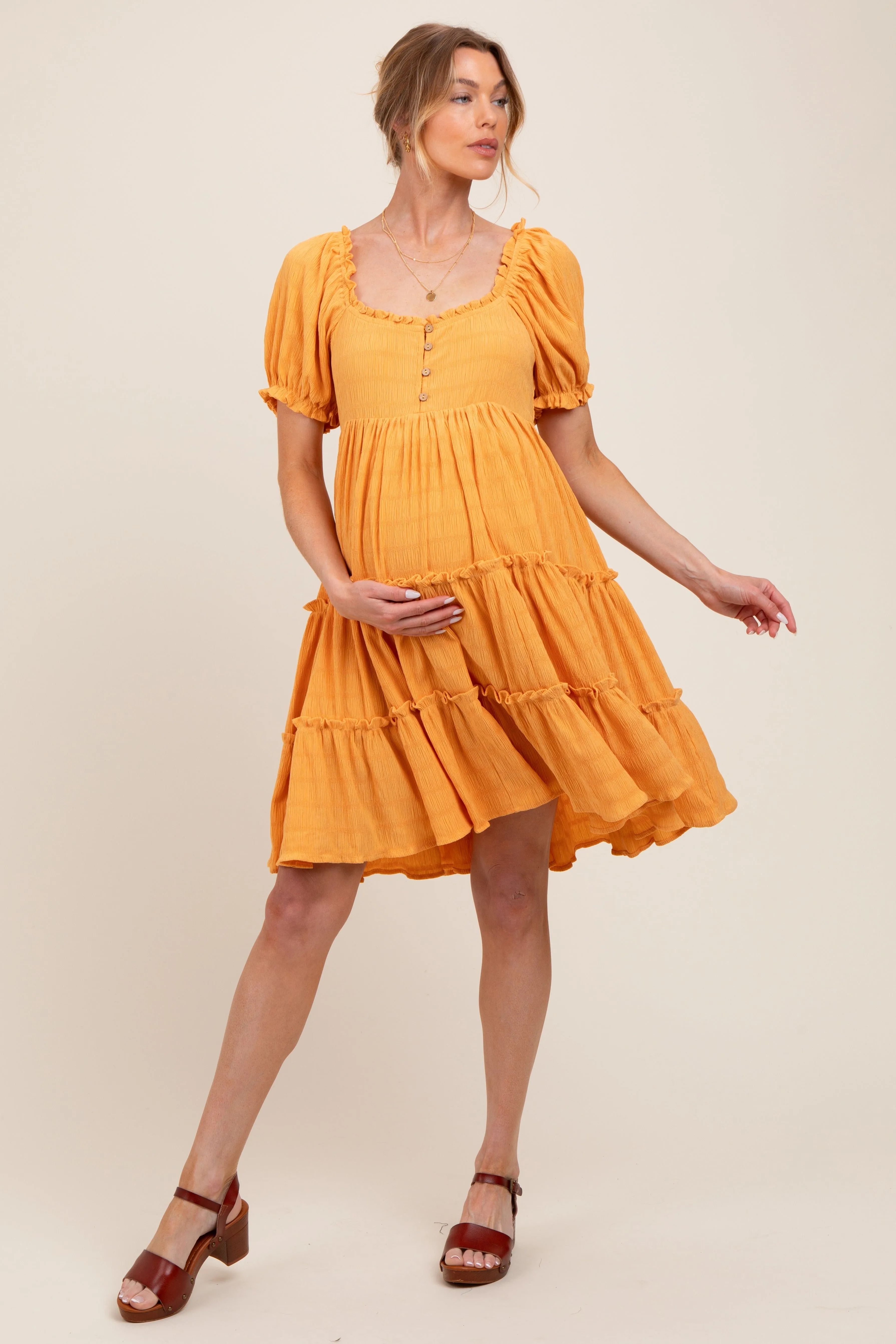 Orange Button Up Ruffle Tiered Maternity Dress sold by Pinkblush